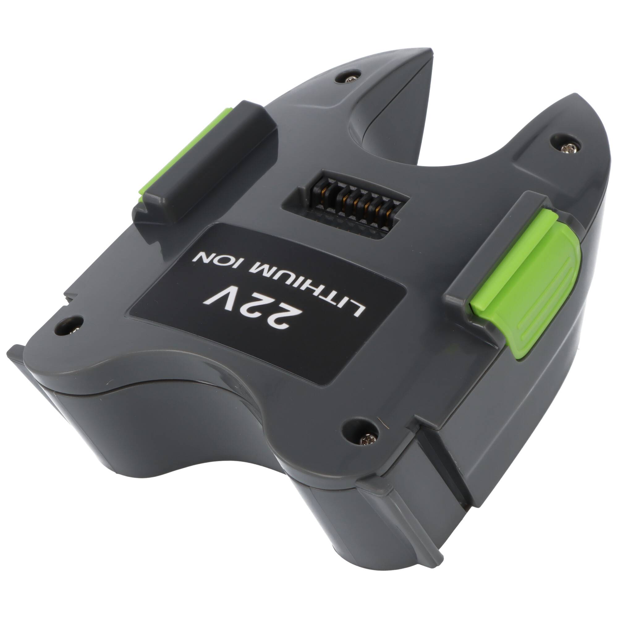 Ein schwarzes und grünes 22-V-Lithium-Ionen-Akkupack mit Steckerkontakten, entwickelt für Elektrowerkzeuge oder ähnliche elektronische Geräte.