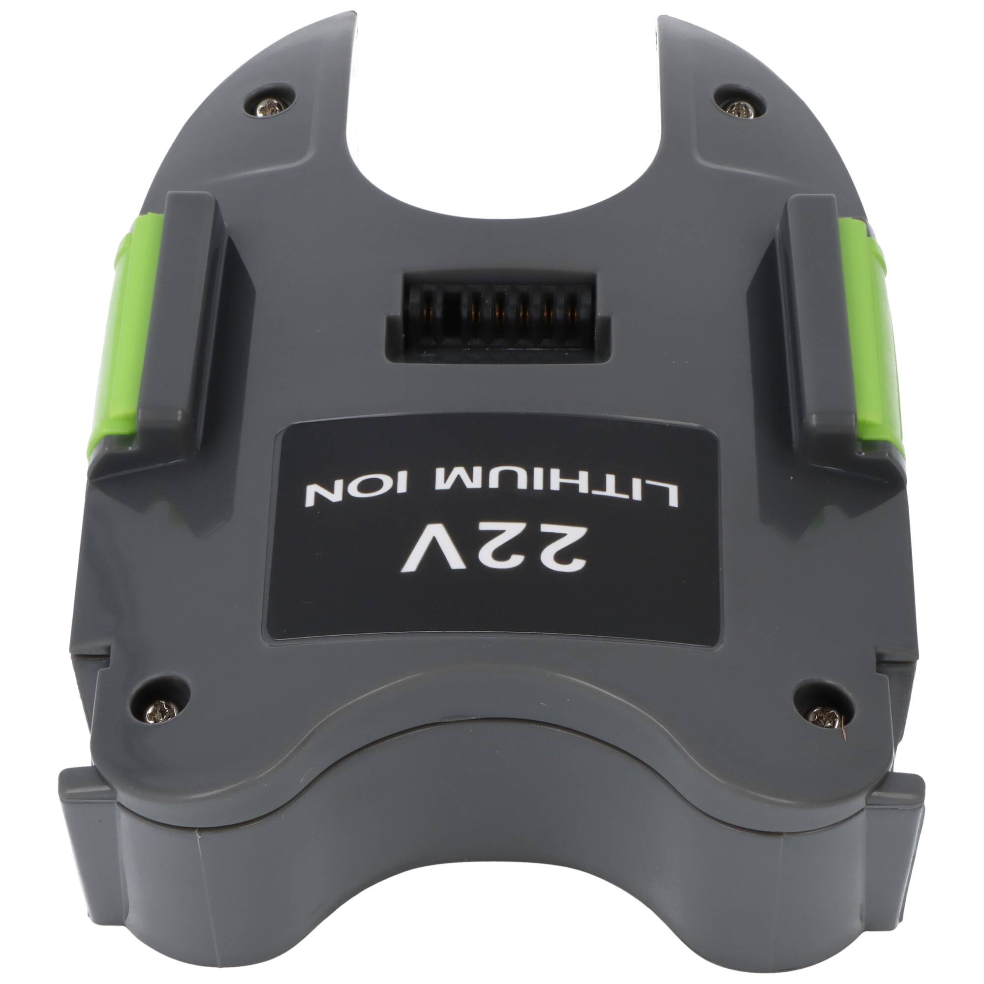 Ein 22-V-Lithium-Ionen-Akkupack mit grauem und grünem Gehäuse, von oben betrachtet.