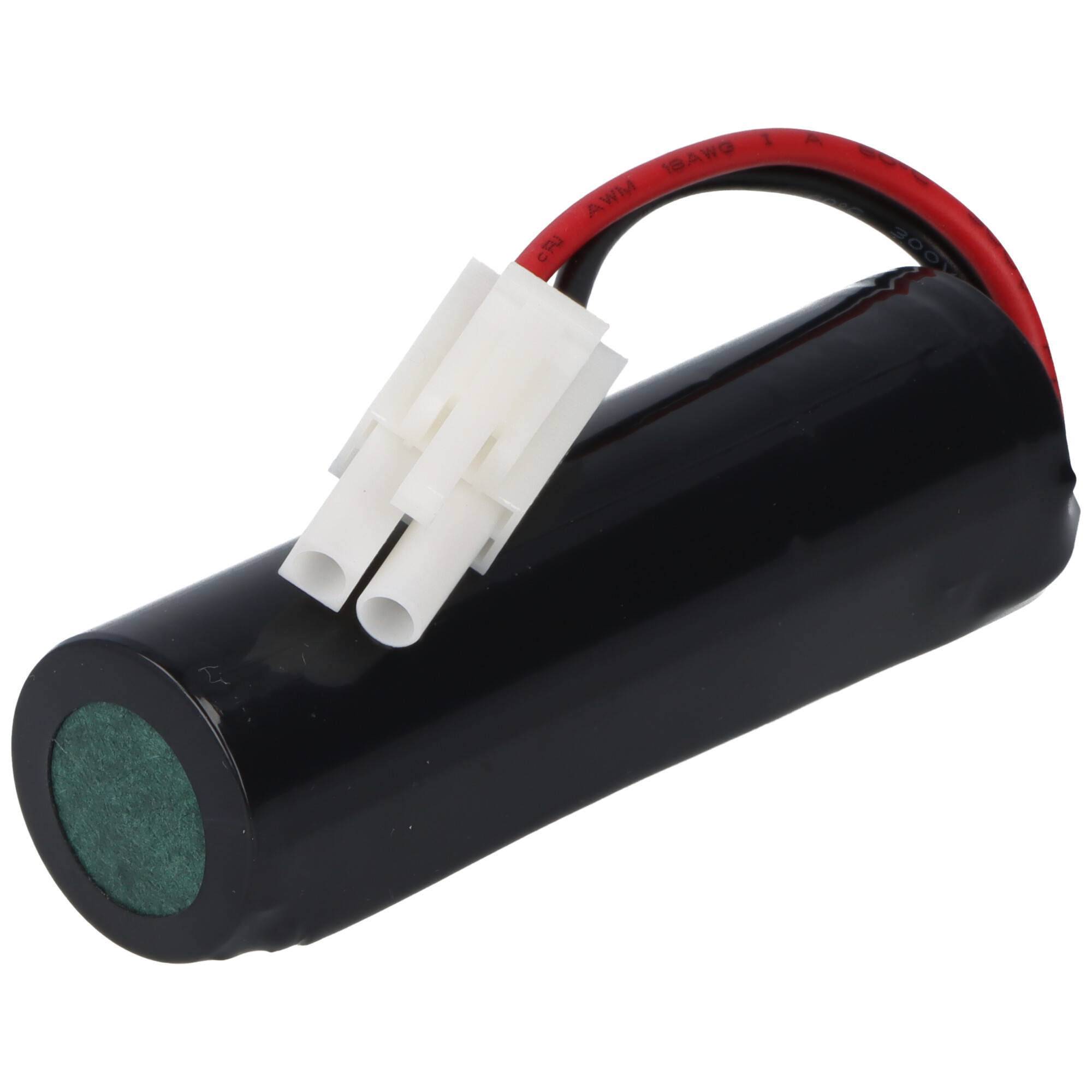 Eine schwarze zylindrische Batterie mit einem weißen zweipoligen Stecker und angelegtem rotem Draht, üblicherweise in der Elektronik zur Stromversorgung verwendet.