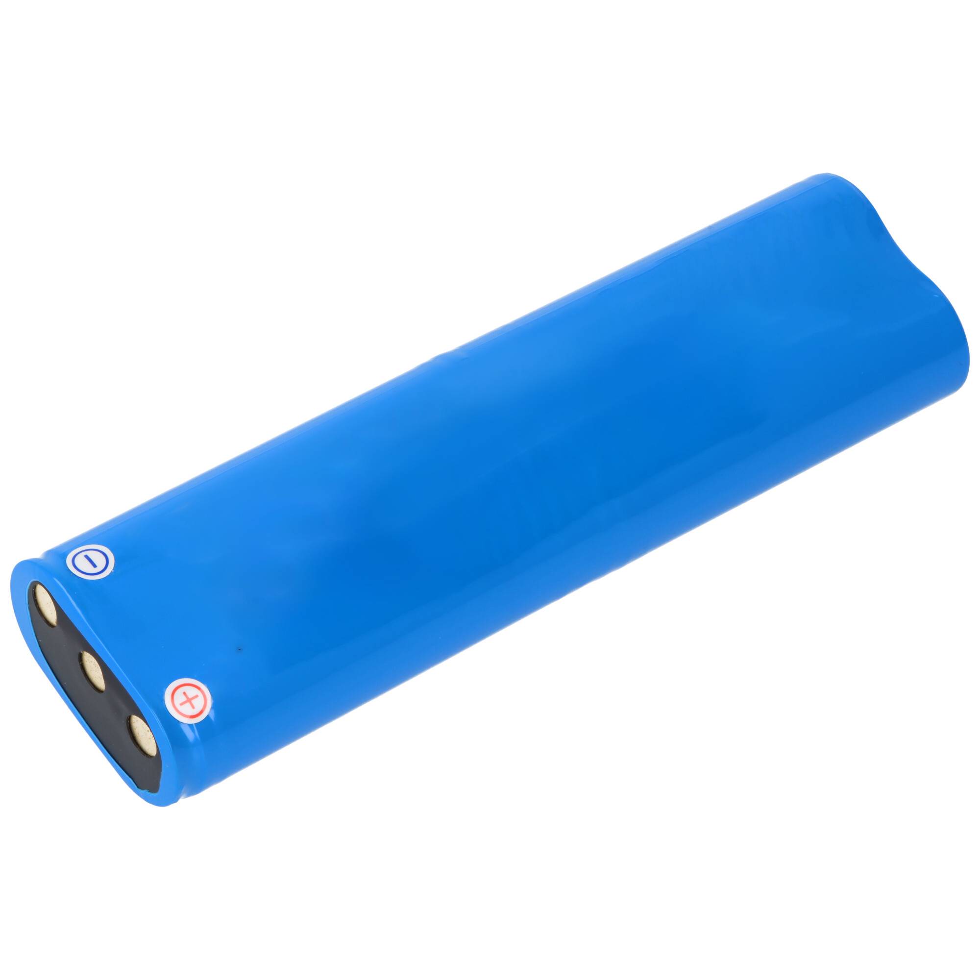 Eine blaue zylindrische Batterie mit Plusterm und Minuspol an jedem Ende, möglicherweise Lithium-Ionen, die in elektronischen Geräten verwendet wird.