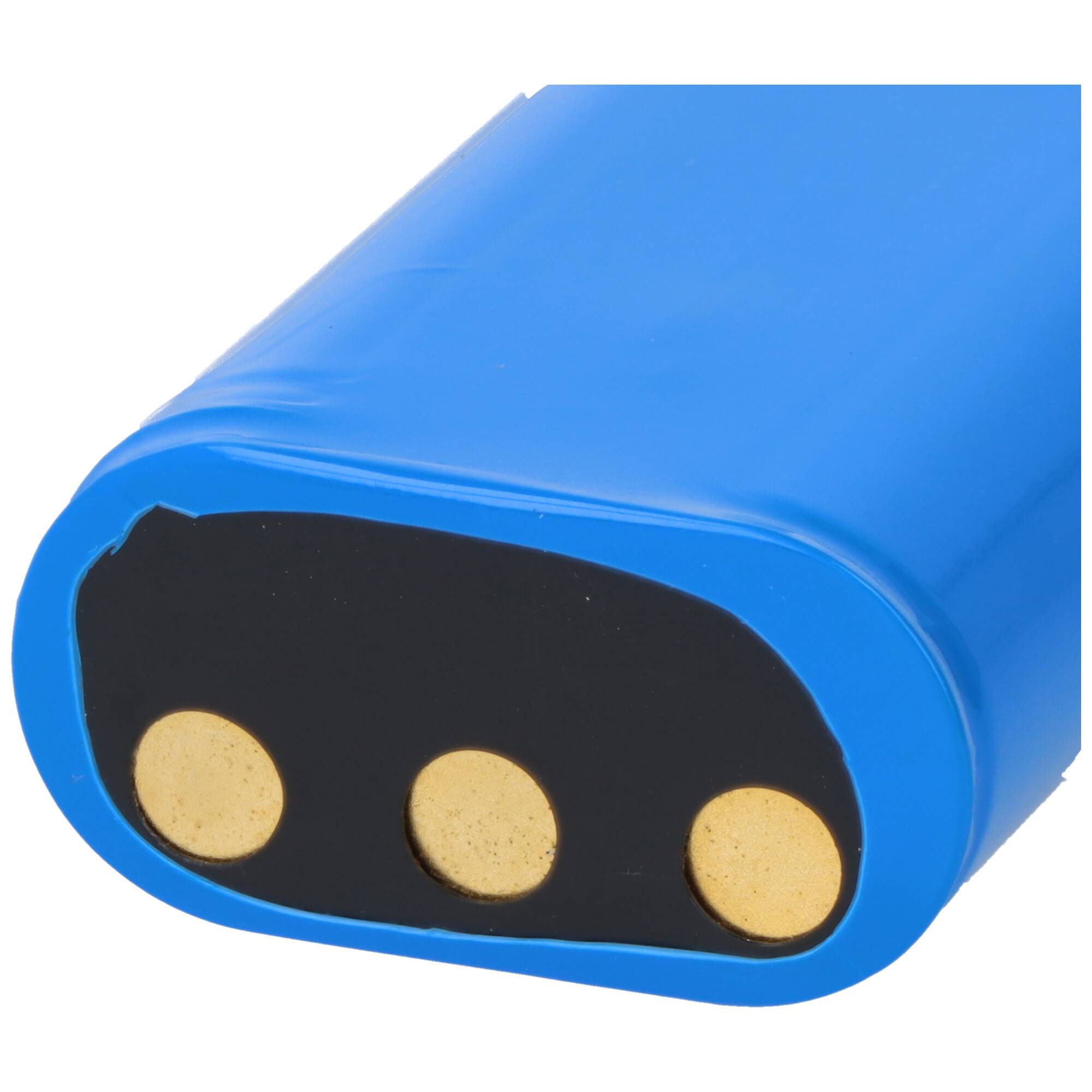 Eine blaue zylindrische Batterie mit drei kreisförmigen Goldkontaktpunkten an einem Ende, die in elektronischen Geräten verwendet wird.