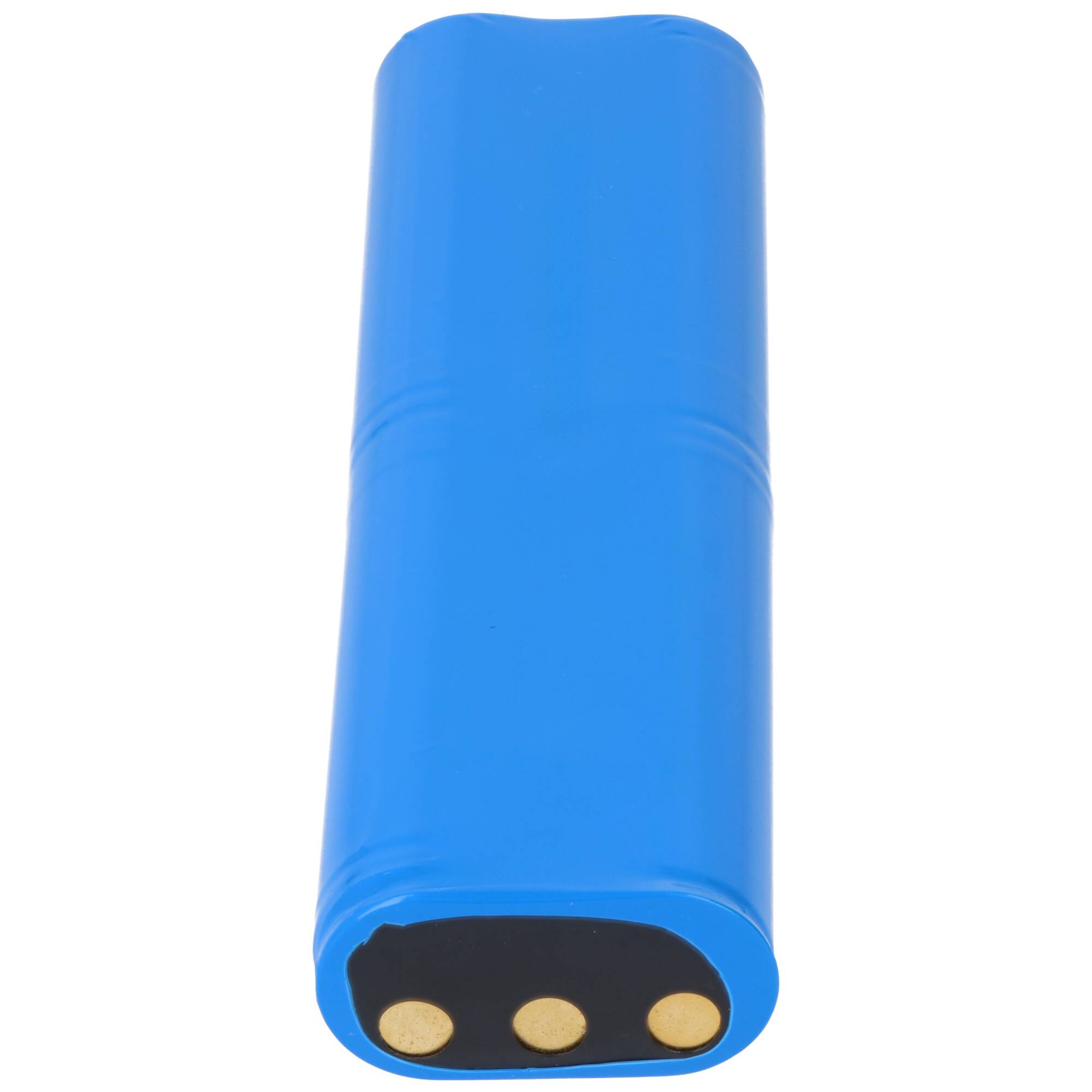 Ein blaues Batteriepaket mit drei kreisförmigen Metallverbindern an einem Ende, das in elektronischen Geräten verwendet wird.