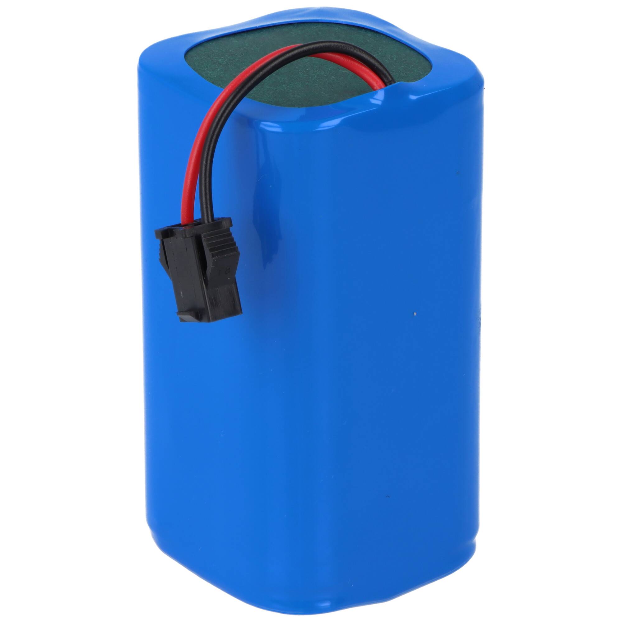 Ein blauer zylindrischer Batteriepack mit roten und schwarzen Drähten, die von oben herausragen, mit einem schwarzen Anschluss.