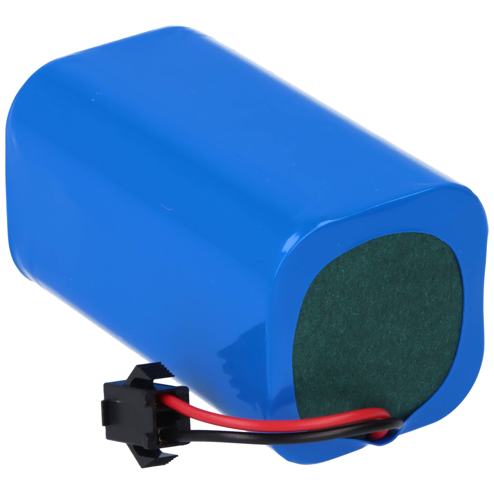 Ein blauer zylinderförmiger Akku mit roten und schwarzen Kabeln, die an einen schwarzen Stecker angeschlossen sind.