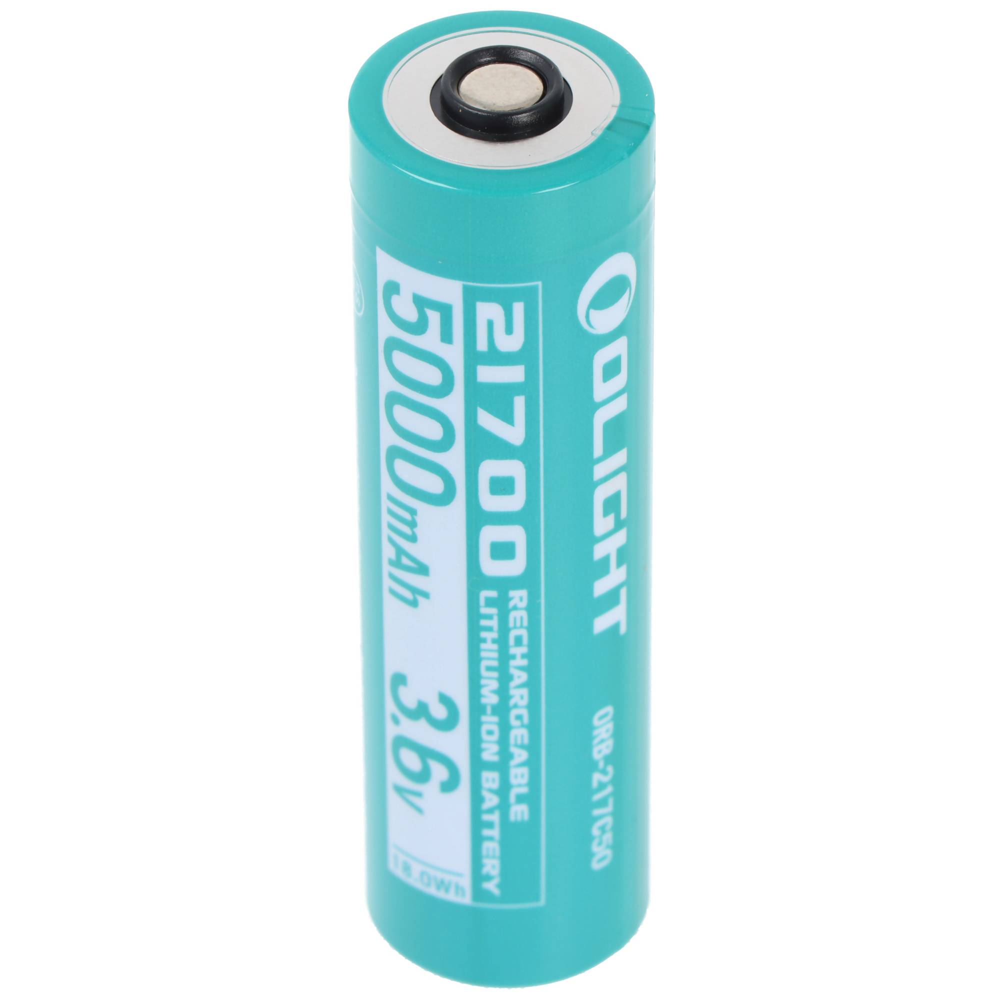 Eine blaugrüne zylindrische Lithium-Ionen-Batterie mit der Aufschrift „OLIGHT 21700 Rechargeable, 5000mAh, 3.6V