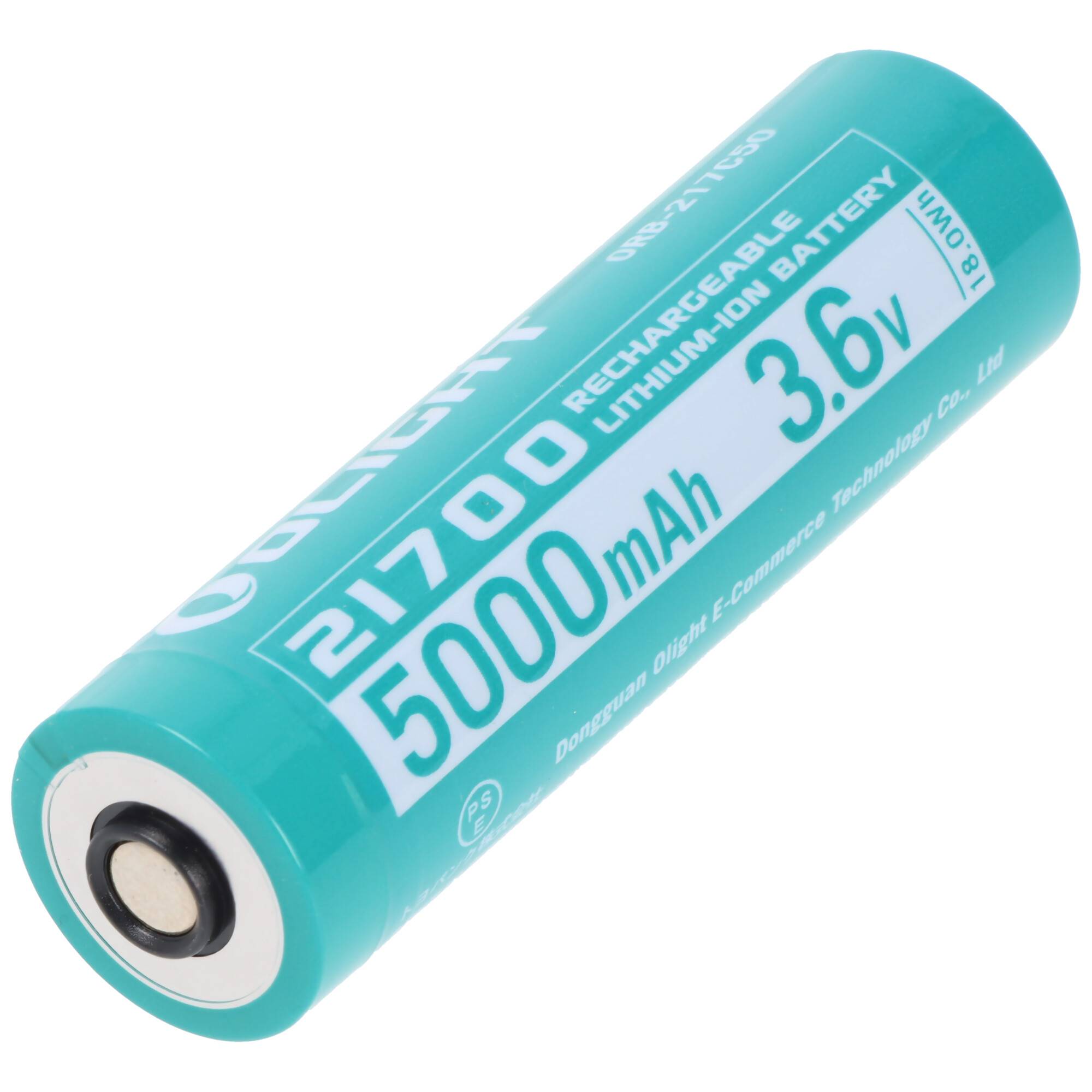 Eine türkisfarbene 21700 wiederaufladbare Lithium-Ionen-Batterie mit der Beschriftung Kapazität 5000 mAh und Spannung 3,6V.