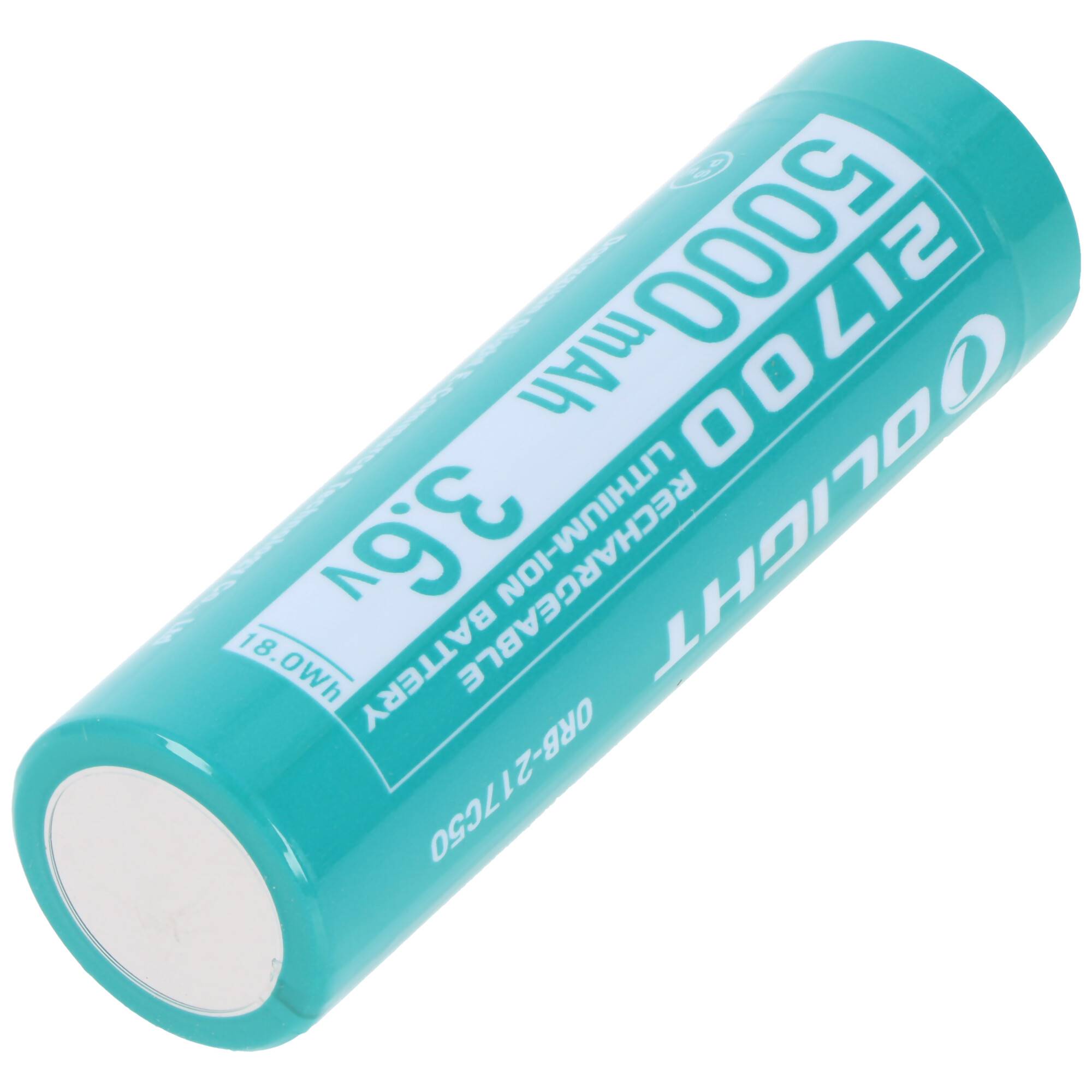 Eine türkisfarbene zylindrische Lithium-Ionen-Batterie mit der Aufschrift „Olight, 3,6V, 5000mAh