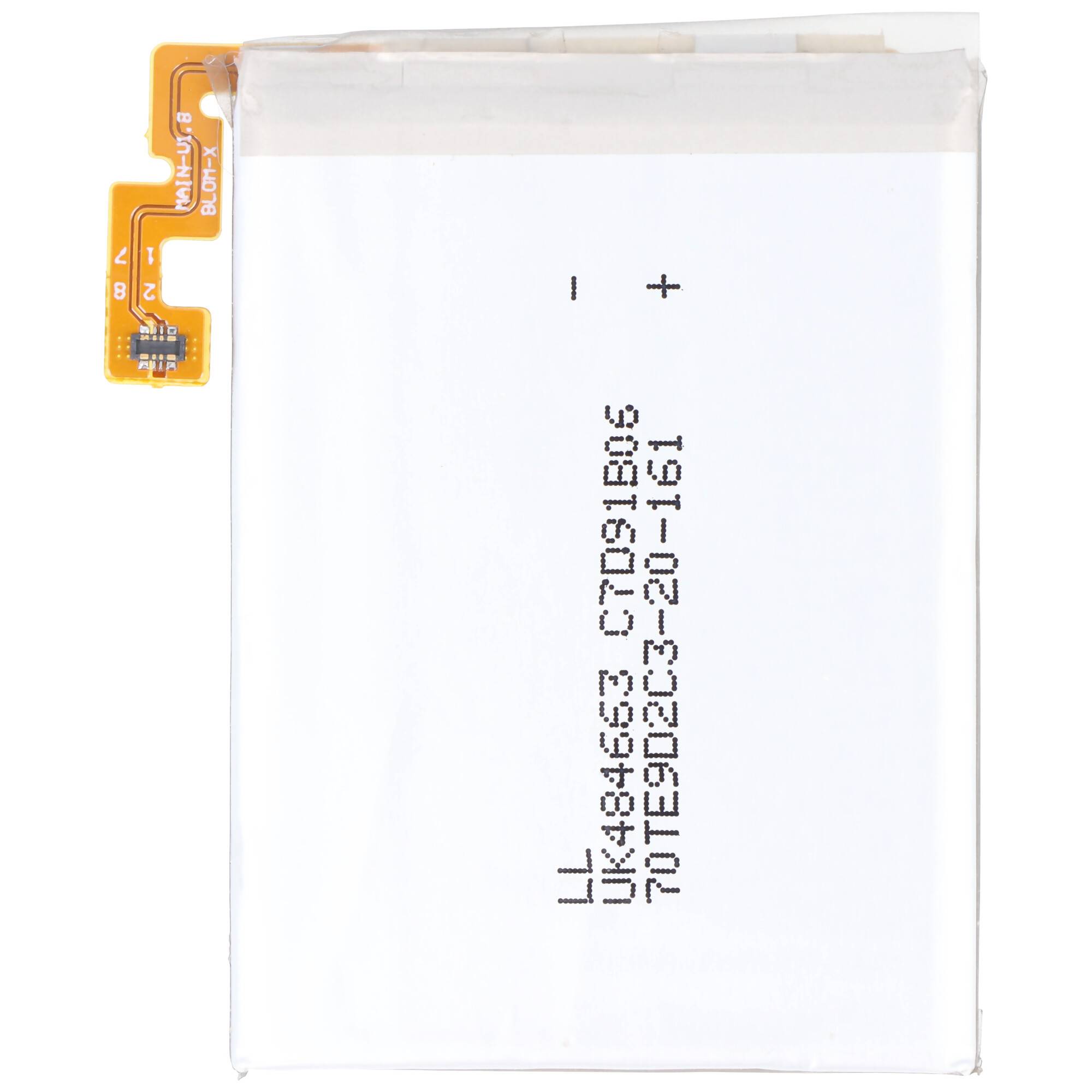 Eine weiße rechteckige Batterie mit einer kleinen Leiterplatte und einem Stecker, der oben links angebracht ist, mit der Beschriftung „1WK484623 CP091806 7.01E2023-20161