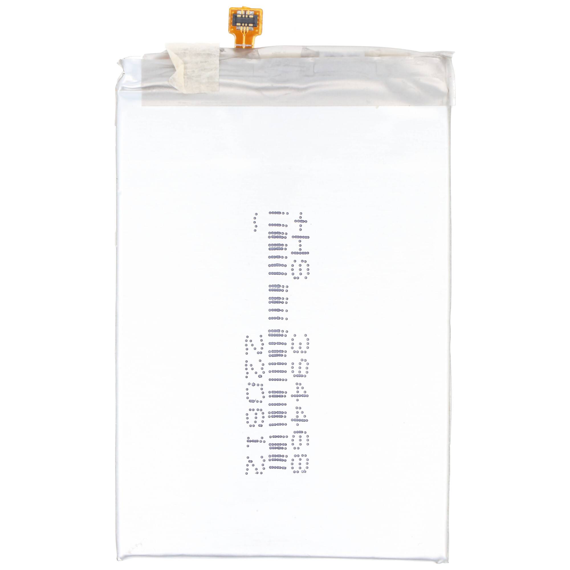 Ein flaches, weißes Lithium-Polymer-Akku mit einem kleinen Anschluss oben, mit aufgedruckten Zahlencodes auf seiner Oberfläche.