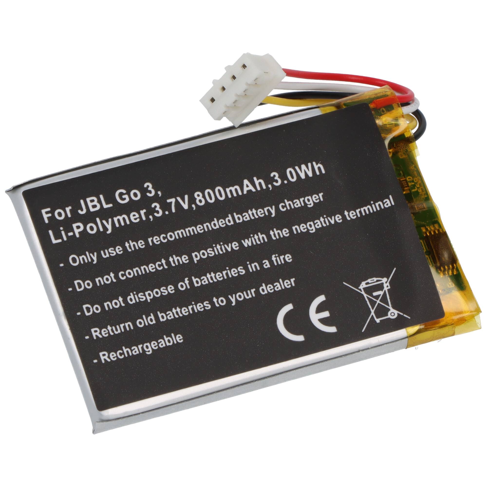 Li-Polymer-Akku für JBL Go 3, 3,7 V, 800 mAh, 3,0 Wh. Anleitung: Verwenden Sie das empfohlene Ladegerät, vermeiden Sie falsche Polarität, entsorgen Sie sicher.