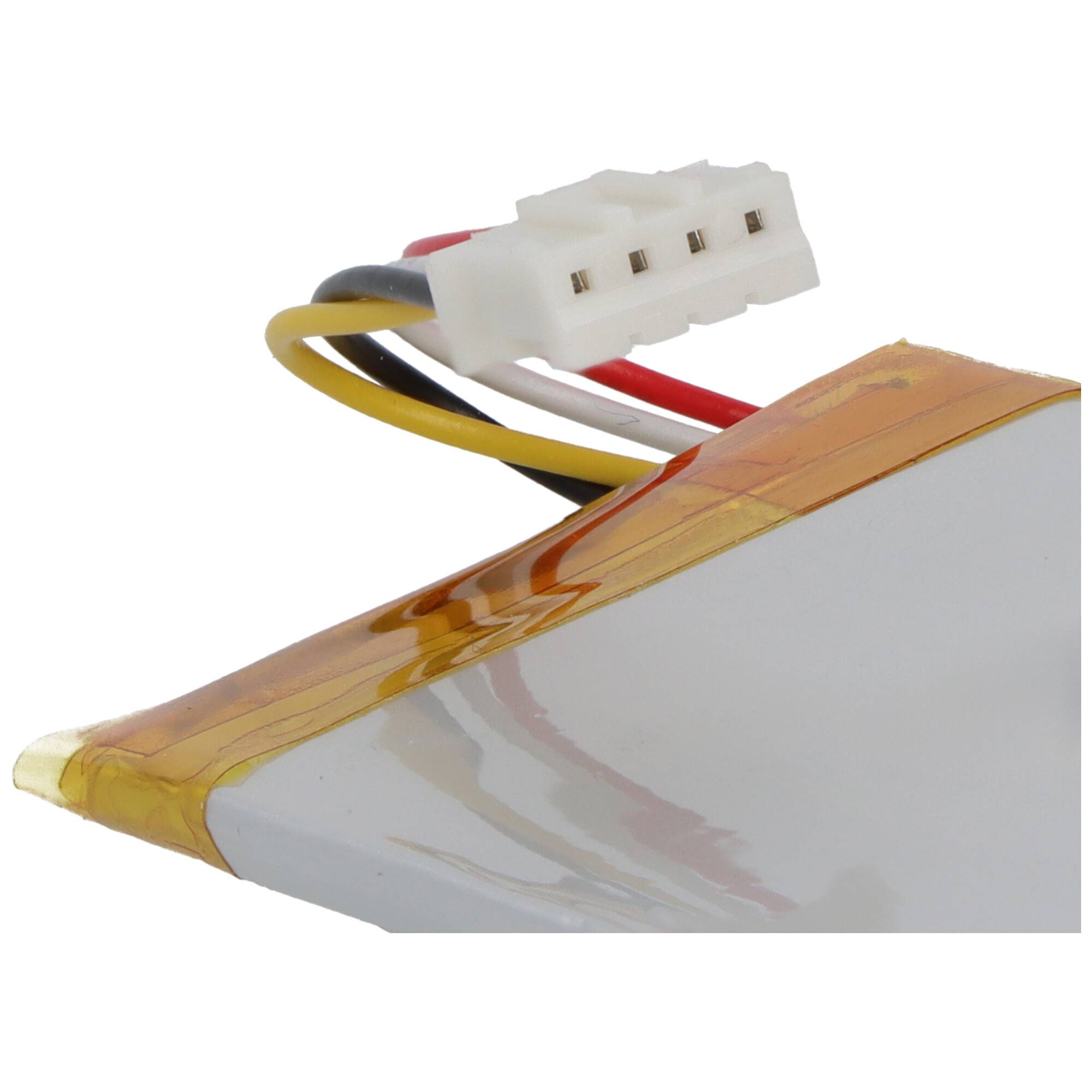 Ein Nahaufnahmebild eines rechteckigen Lithium-Polymer-Akkus mit roten, schwarzen und gelben Drähten, die mit einem weißen Stecker verbunden sind.