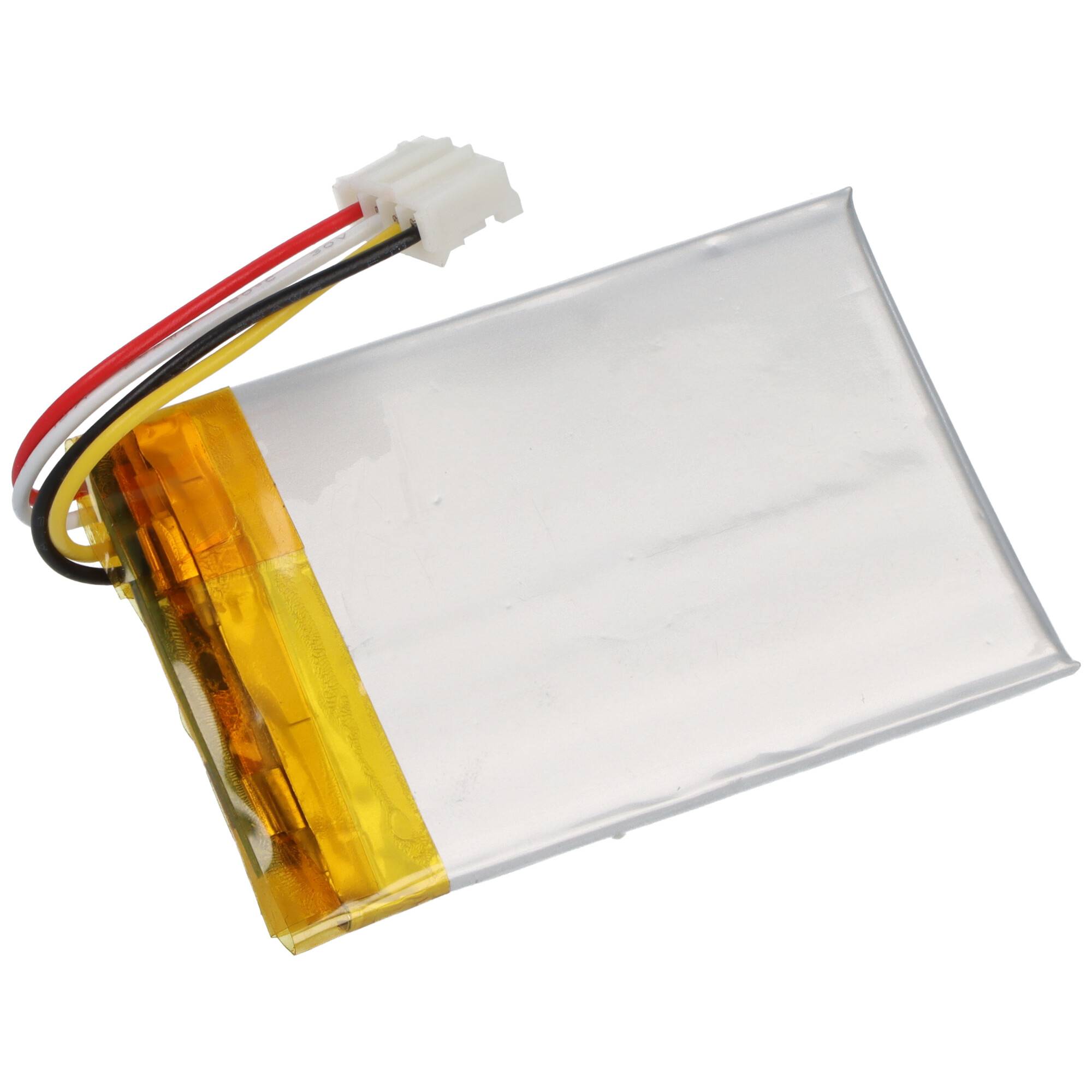Eine kleine silberfarbene rechteckige Lithium-Polymer-Batterie mit roten, schwarzen und gelben Drähten, die in einen weißen Steckverbinder enden.