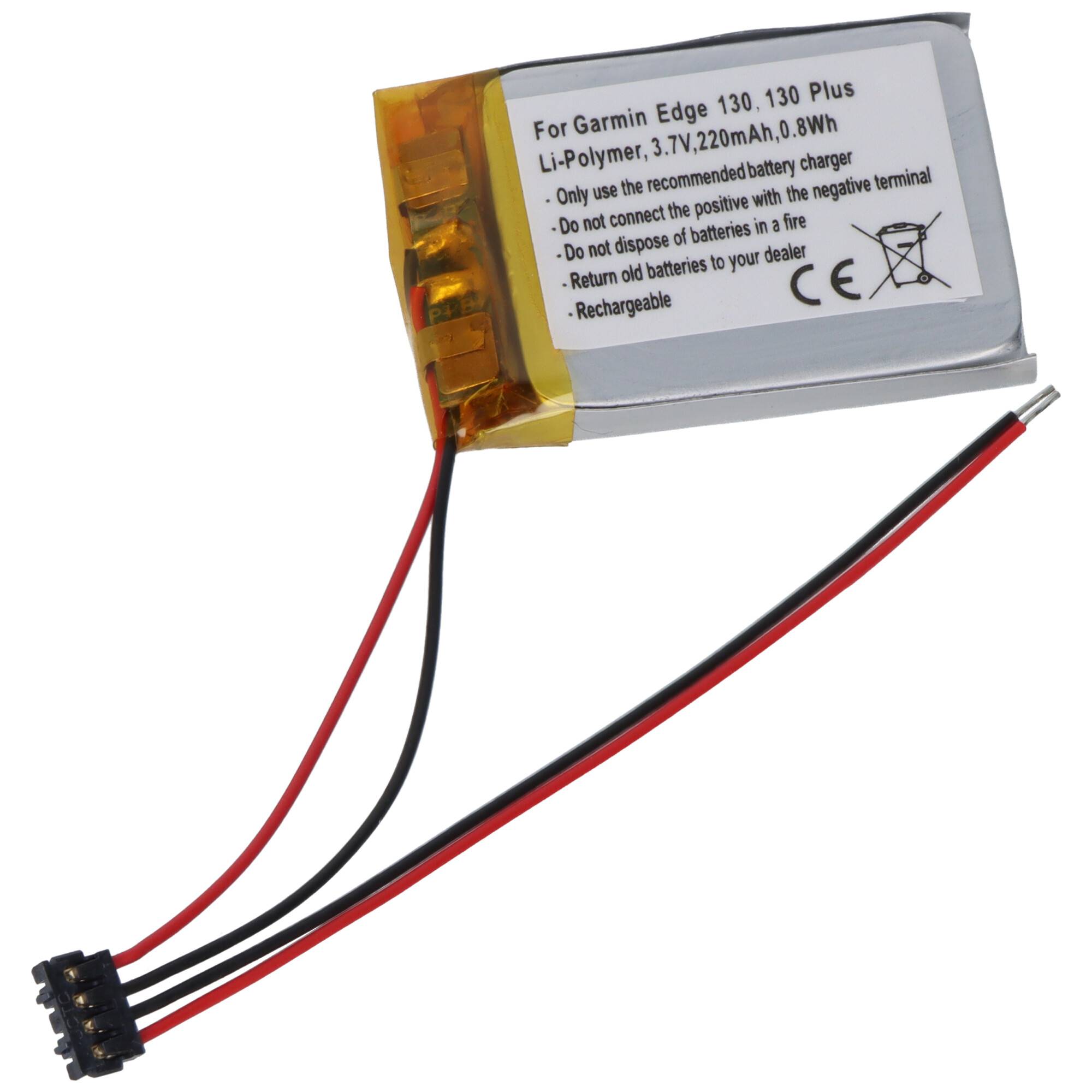 Wiederaufladbare Batterie für Garmin Edge 130/130 Plus, Li-Polymer, 3,7V, 220mAh, mit Warntext zur ordnungsgemäßen Ladung und Entsorgung.