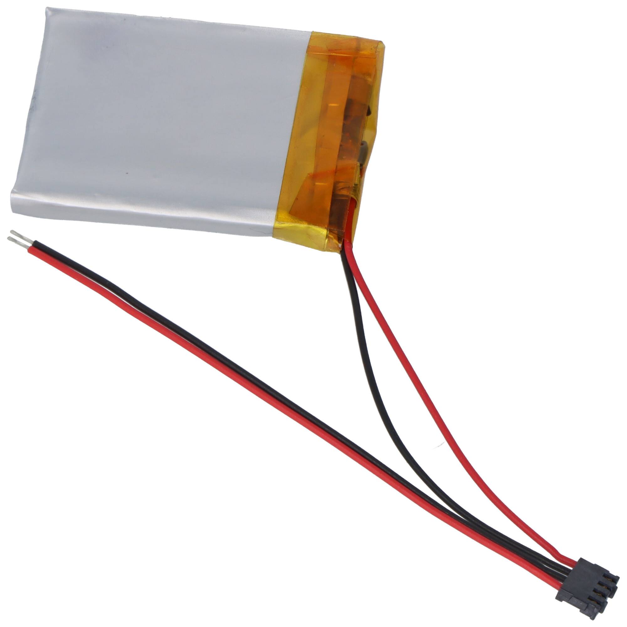 Ein rechteckiger Lithium-Polymer-Akku mit einem gelben Klebeband, angebrachten roten und schwarzen Drähten und einem kleinen schwarzen Stecker.