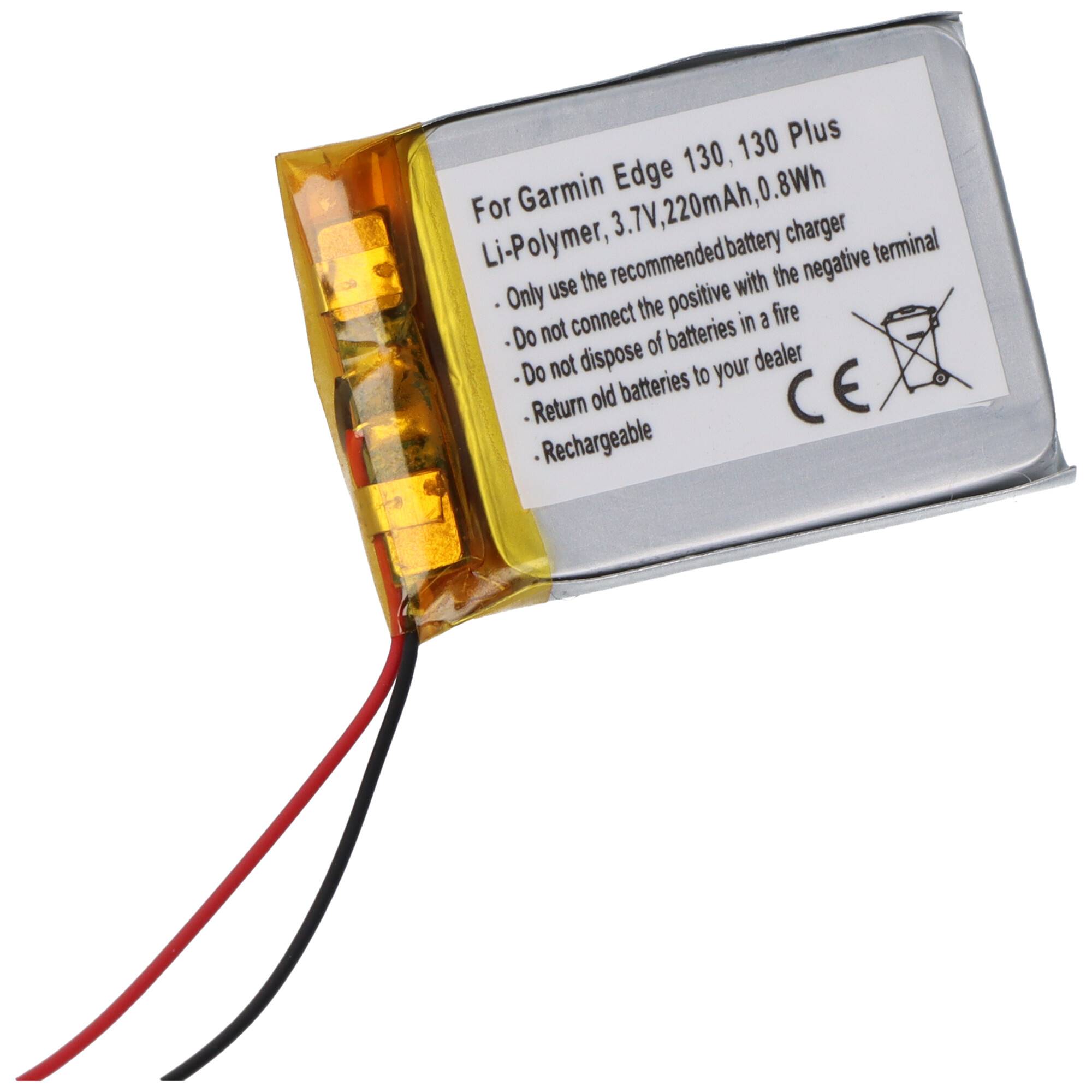 Akku für Garmin Edge 130, 130 Plus, Li-Polymer, 3,7V, 220mAh, 0,8Wh. Mit schwarzen und roten Drähten befestigt.