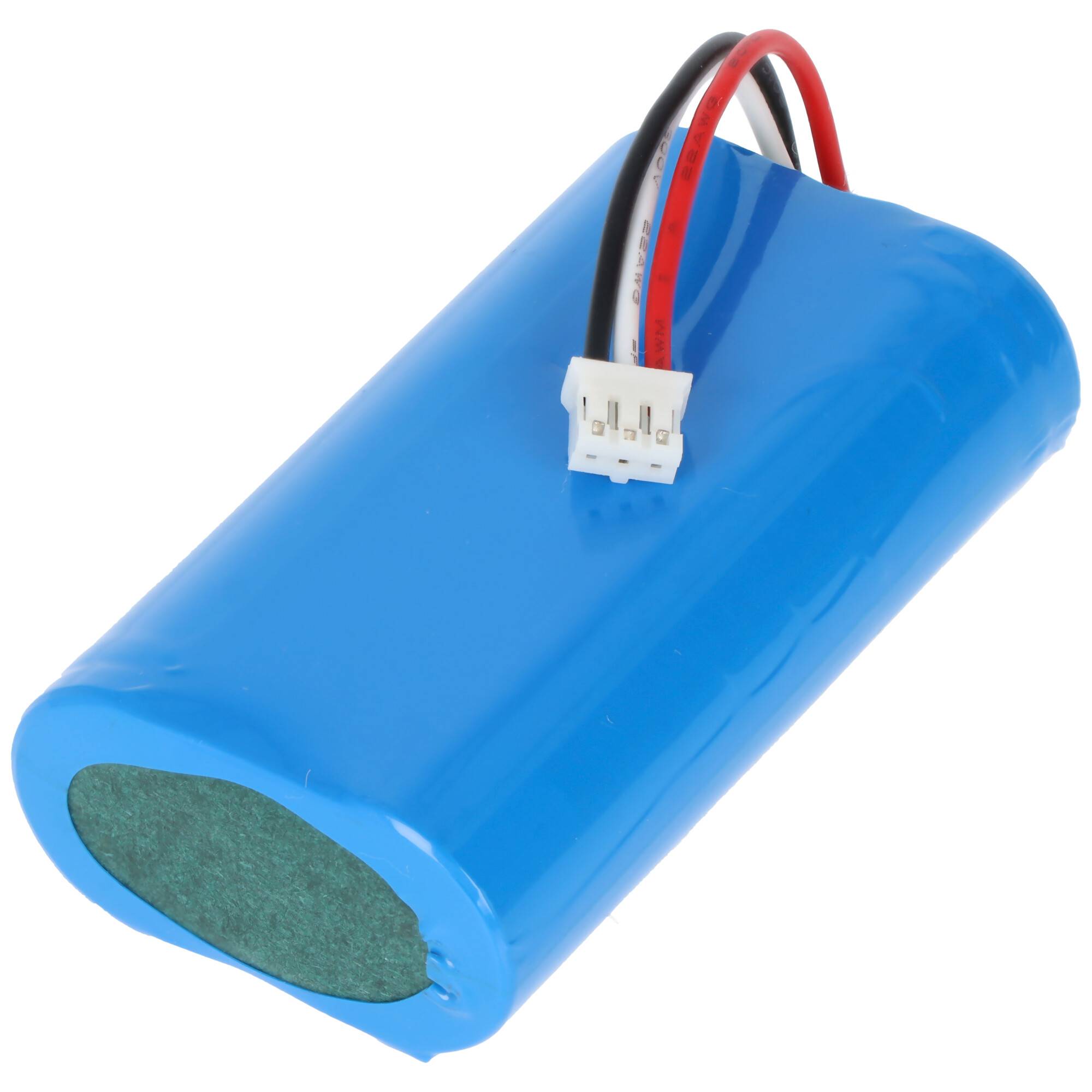 Ein blauer zylindrischer Batteriepack mit roten und schwarzen Drähten, die an einen weißen Stecker angeschlossen sind, freigestellt auf weißem Hintergrund.