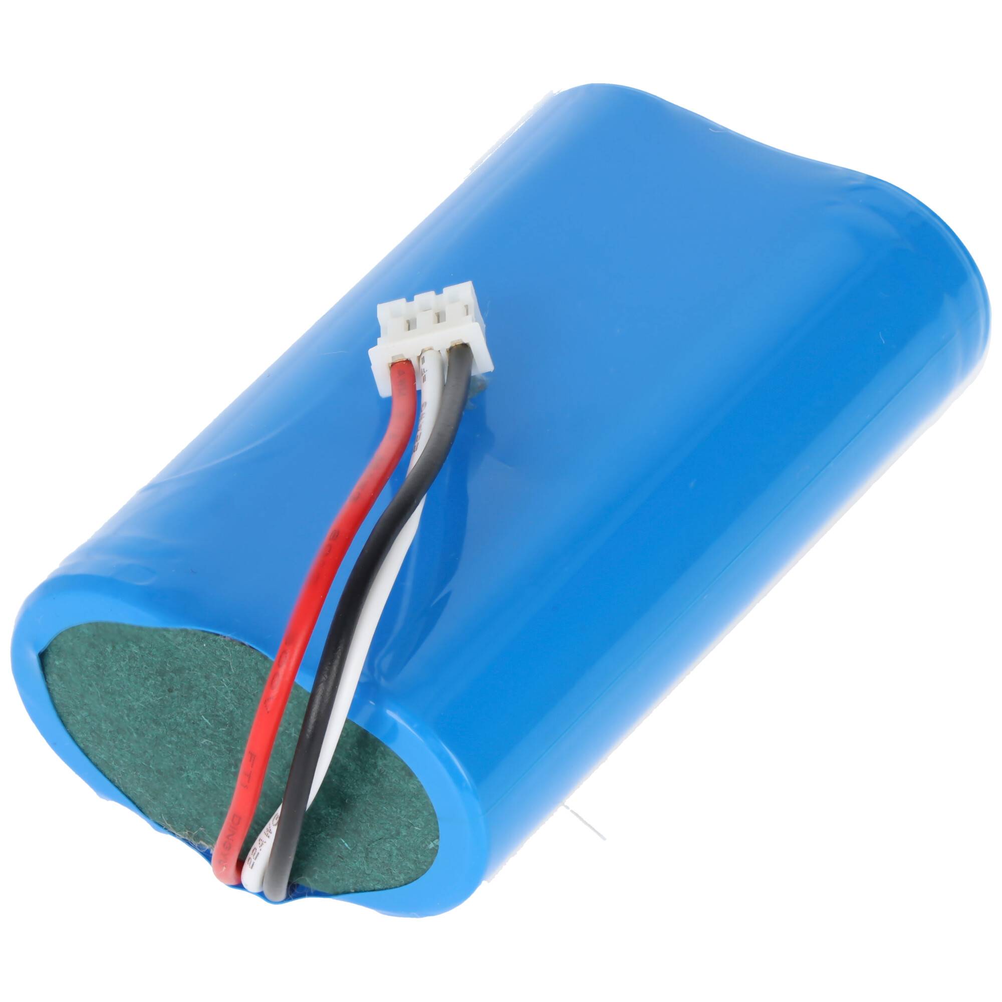 Ein blaues wiederaufladbares Batteriepaket mit roten, schwarzen und weißen Kabeln, die zum Anschluss an ein Gerät befestigt sind.