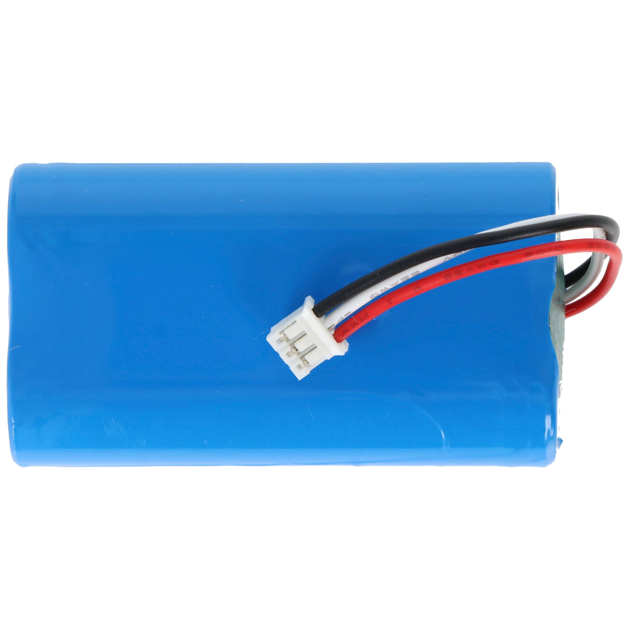 Ein blauer wiederaufladbarer Akkupack mit schwarzen und roten Kabeln, die darauf hindeuten, dass er für den Einsatz in elektronischen Geräten einsatzbereit ist.