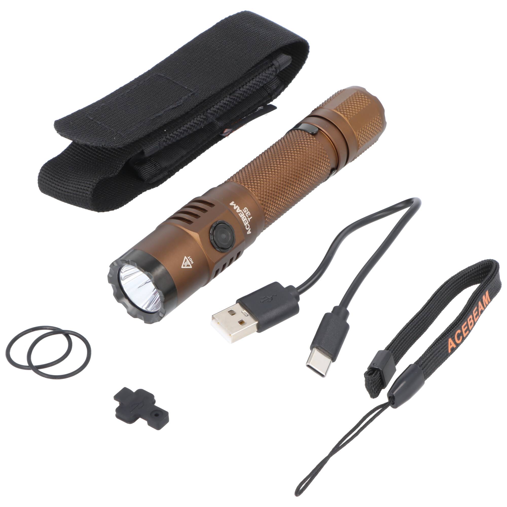 AceBeam T35 LED-Taschenlampe mit bis zu 1.600 Lumen, 352 Meter Leuchtweite, 5.000K, braun