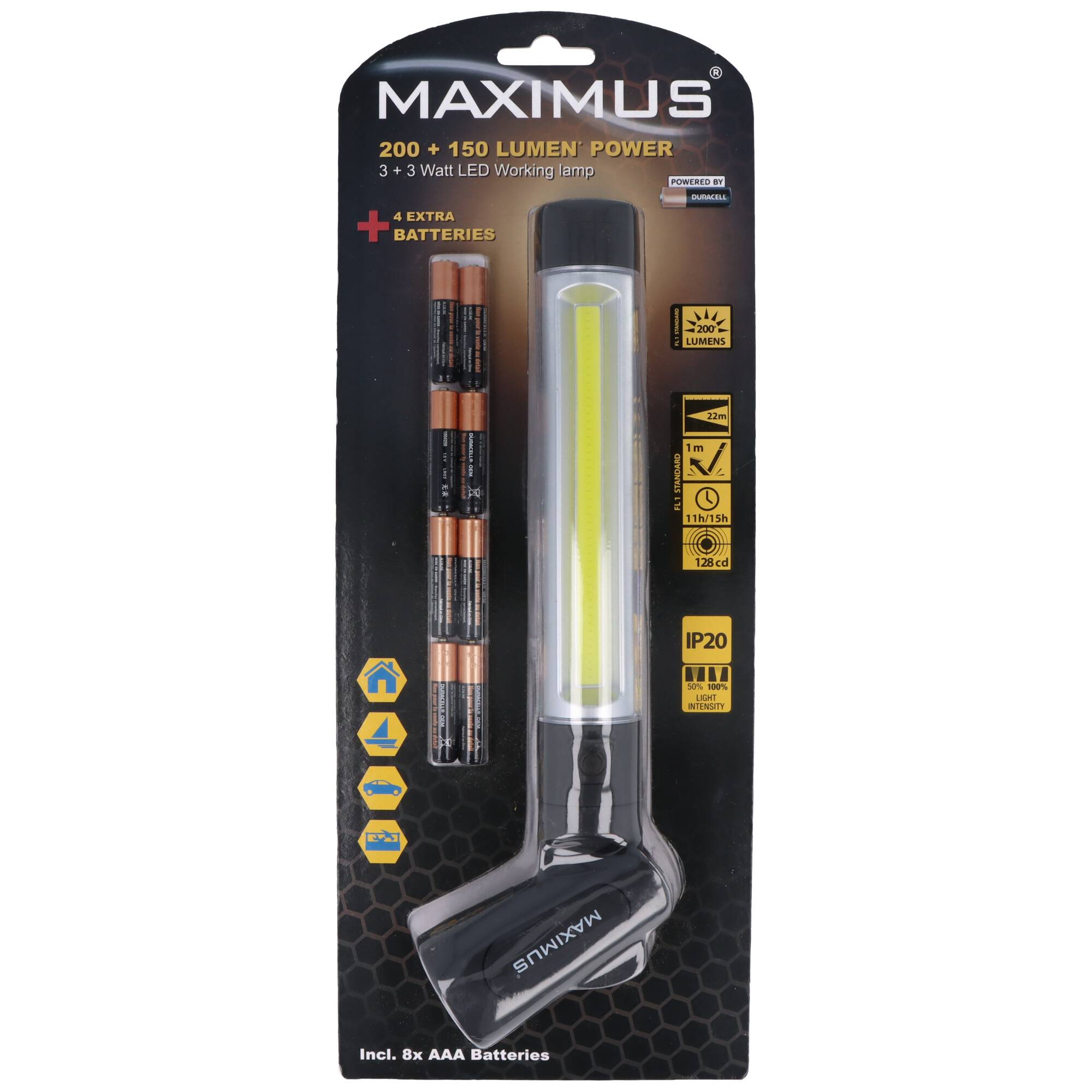 Maximus M-WKL-020-DU2 Arbeitsleuchte mit 3W COB LED und 3W LED Frontleuchte, drehbarer Griff, inkl. Batterien