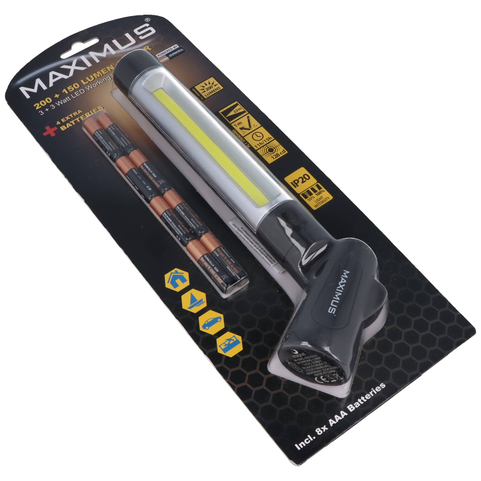 Maximus M-WKL-020-DU2 Arbeitsleuchte mit 3W COB LED und 3W LED Frontleuchte, drehbarer Griff, inkl. Batterien