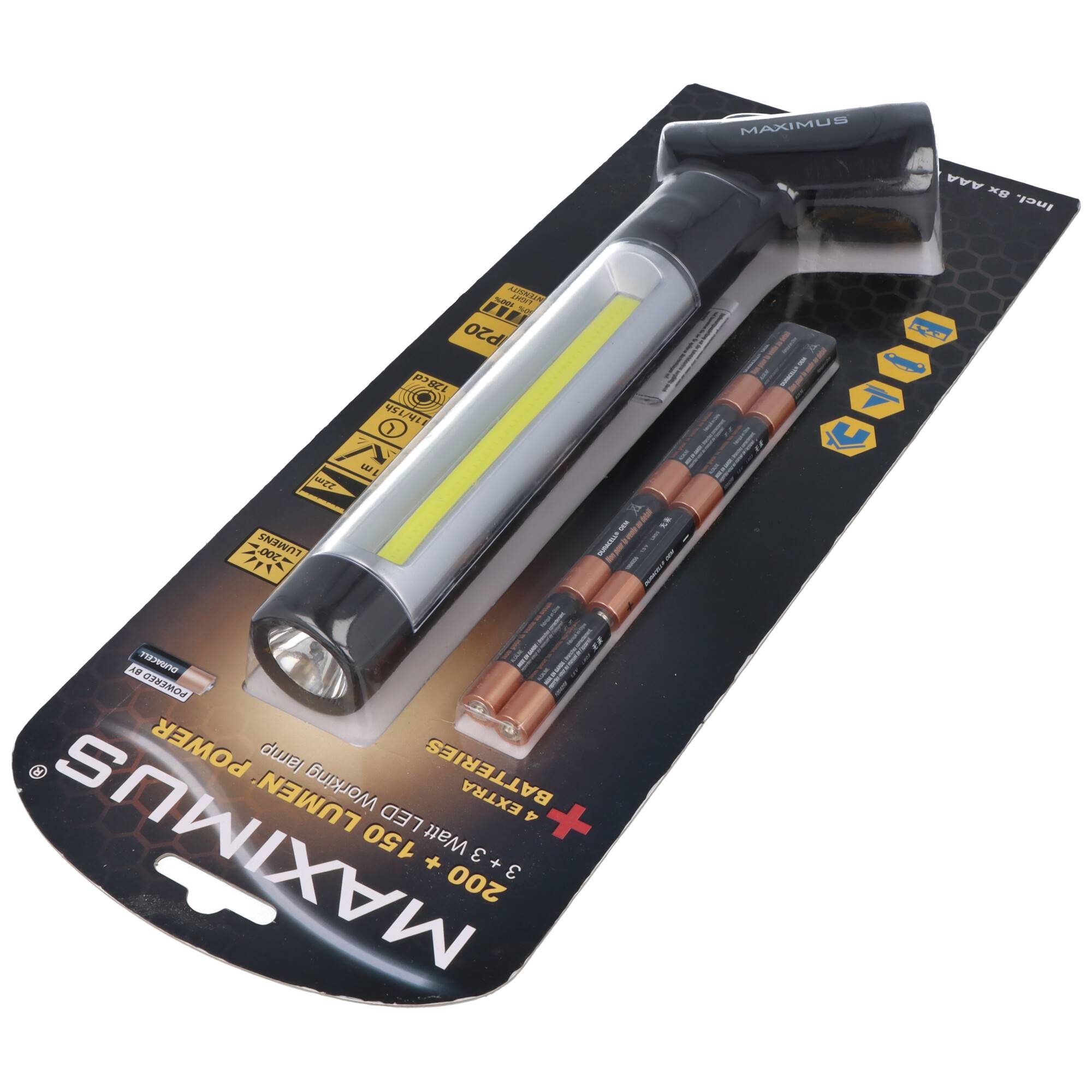 Maximus M-WKL-020-DU2 Arbeitsleuchte mit 3W COB LED und 3W LED Frontleuchte, drehbarer Griff, inkl. Batterien