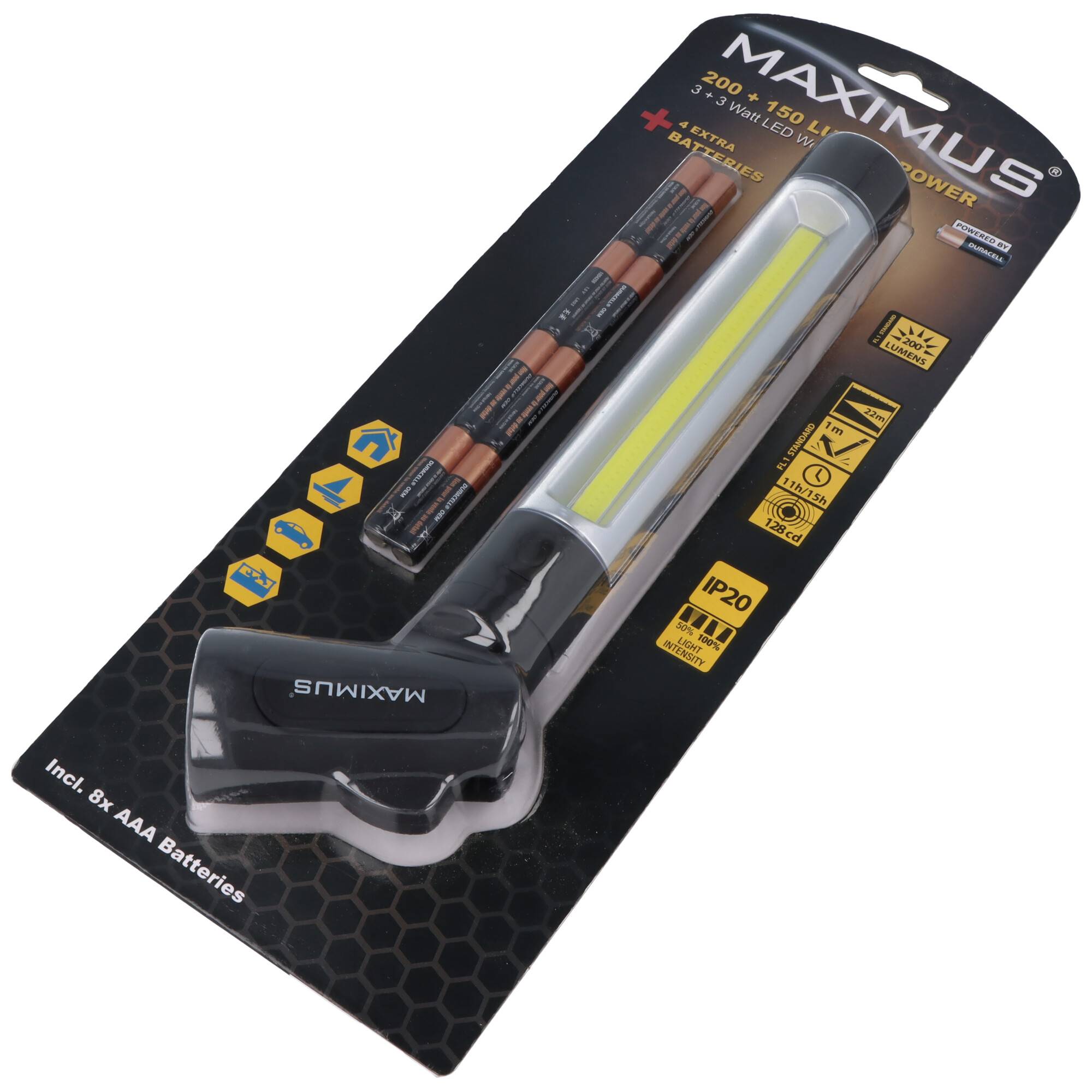 Maximus M-WKL-020-DU2 Arbeitsleuchte mit 3W COB LED und 3W LED Frontleuchte, drehbarer Griff, inkl. Batterien