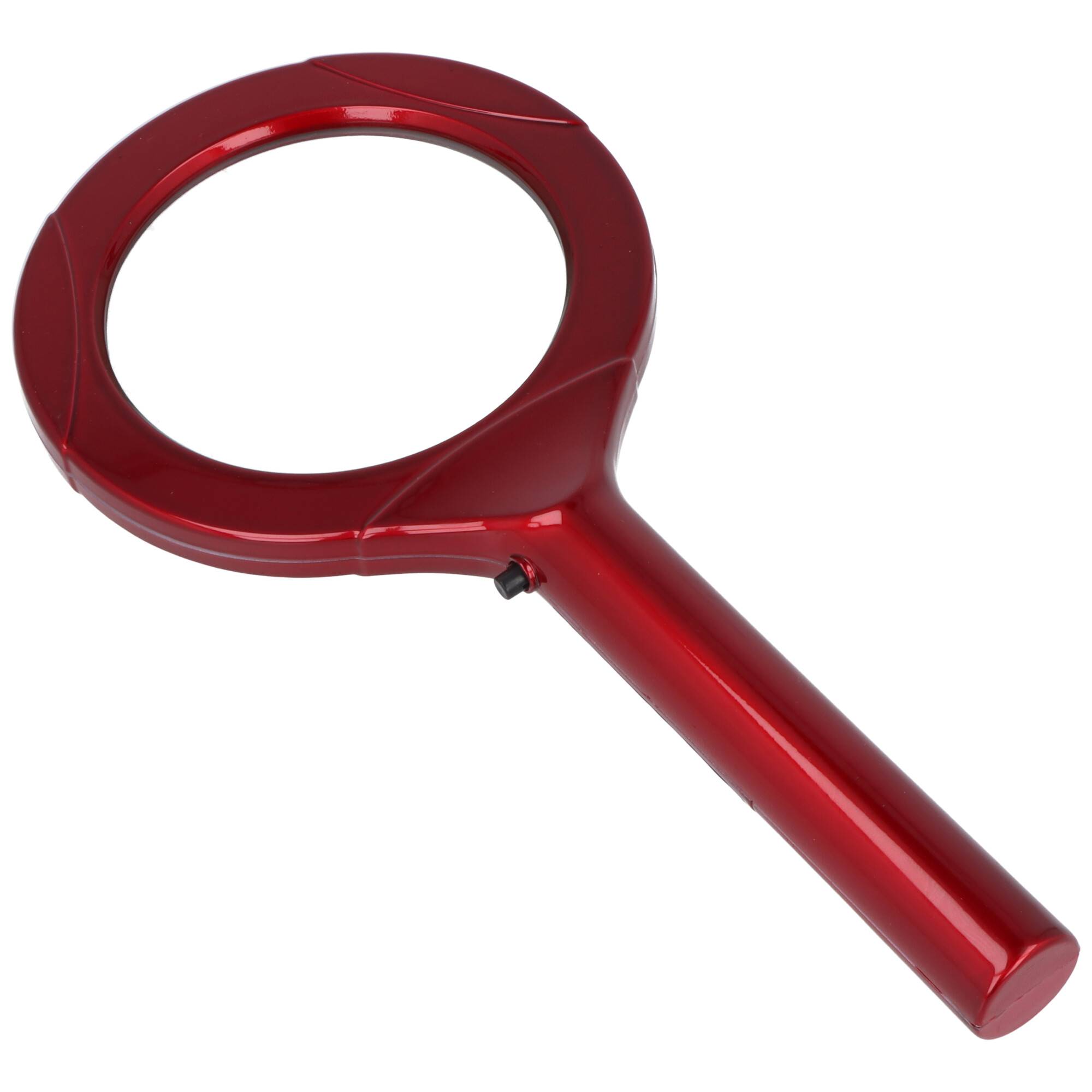Eine rote Lupe mit runder Linse und schlankem Griff, diagonal positioniert, deutet auf einen Fokus auf Details oder Untersuchung hin.