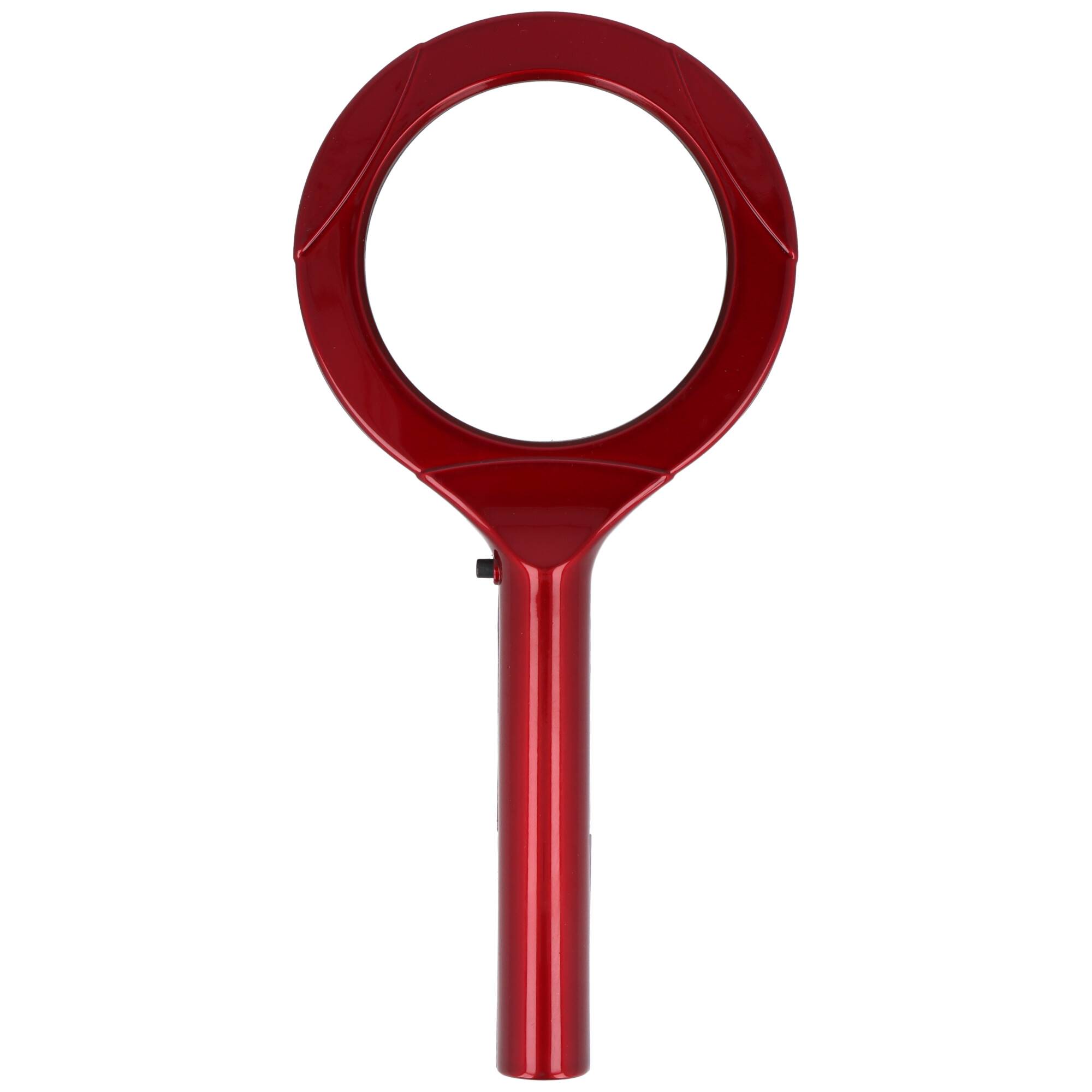 Eine tragbare rote Lupe mit rundem Objektiv und glatter Griff.