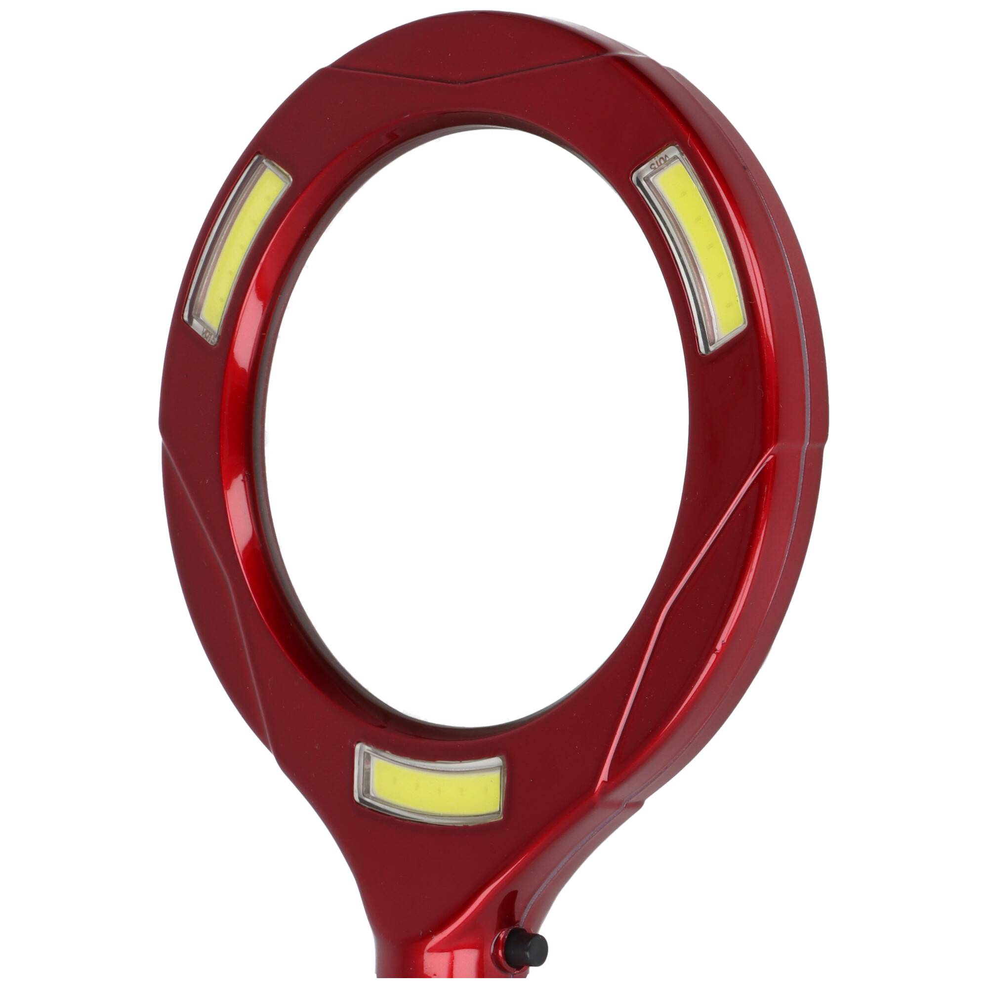 Eine rote Lupe mit LED-Lichtern rund um das Objektiv, entwickelt für verbesserte Sichtbarkeit und detaillierte Betrachtung.