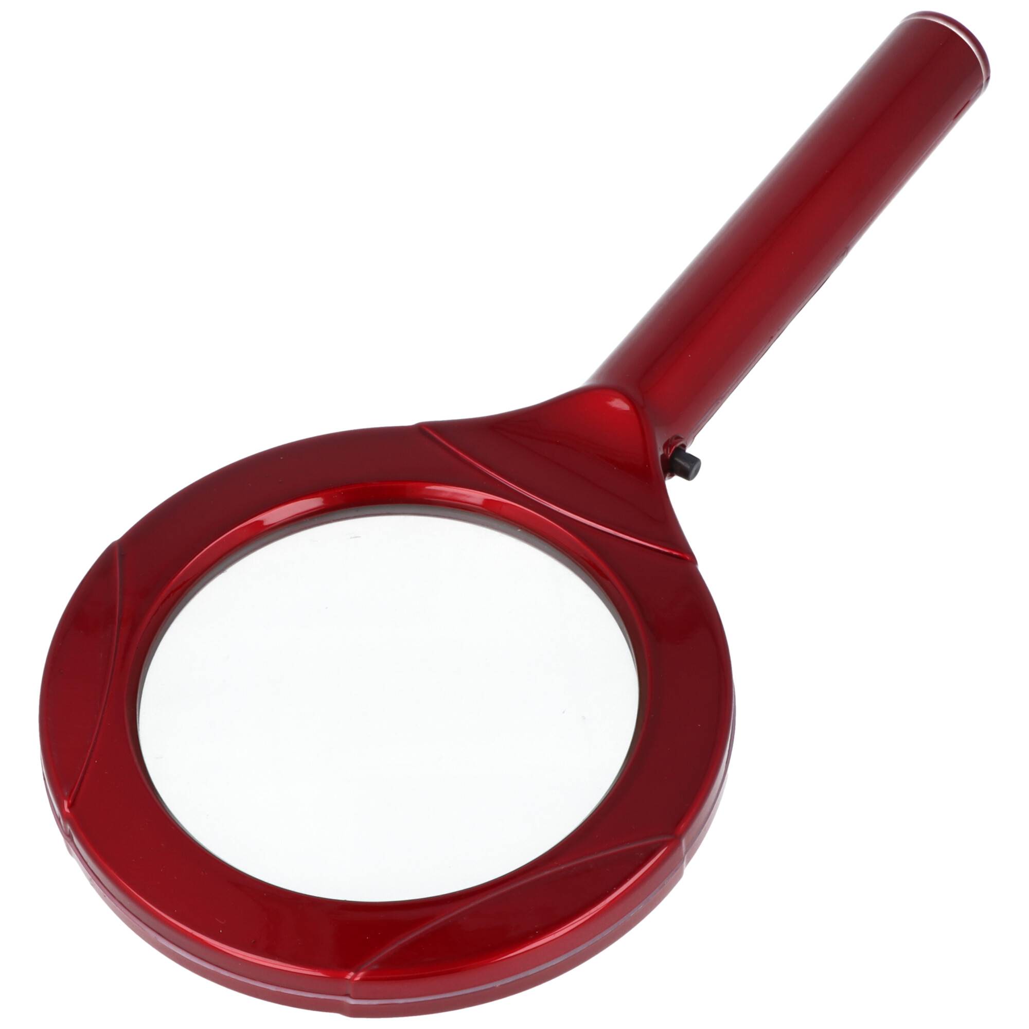 Eine rote Lupe mit zylindrischem Griff, gezeigt vor einem einfachen weißen Hintergrund.