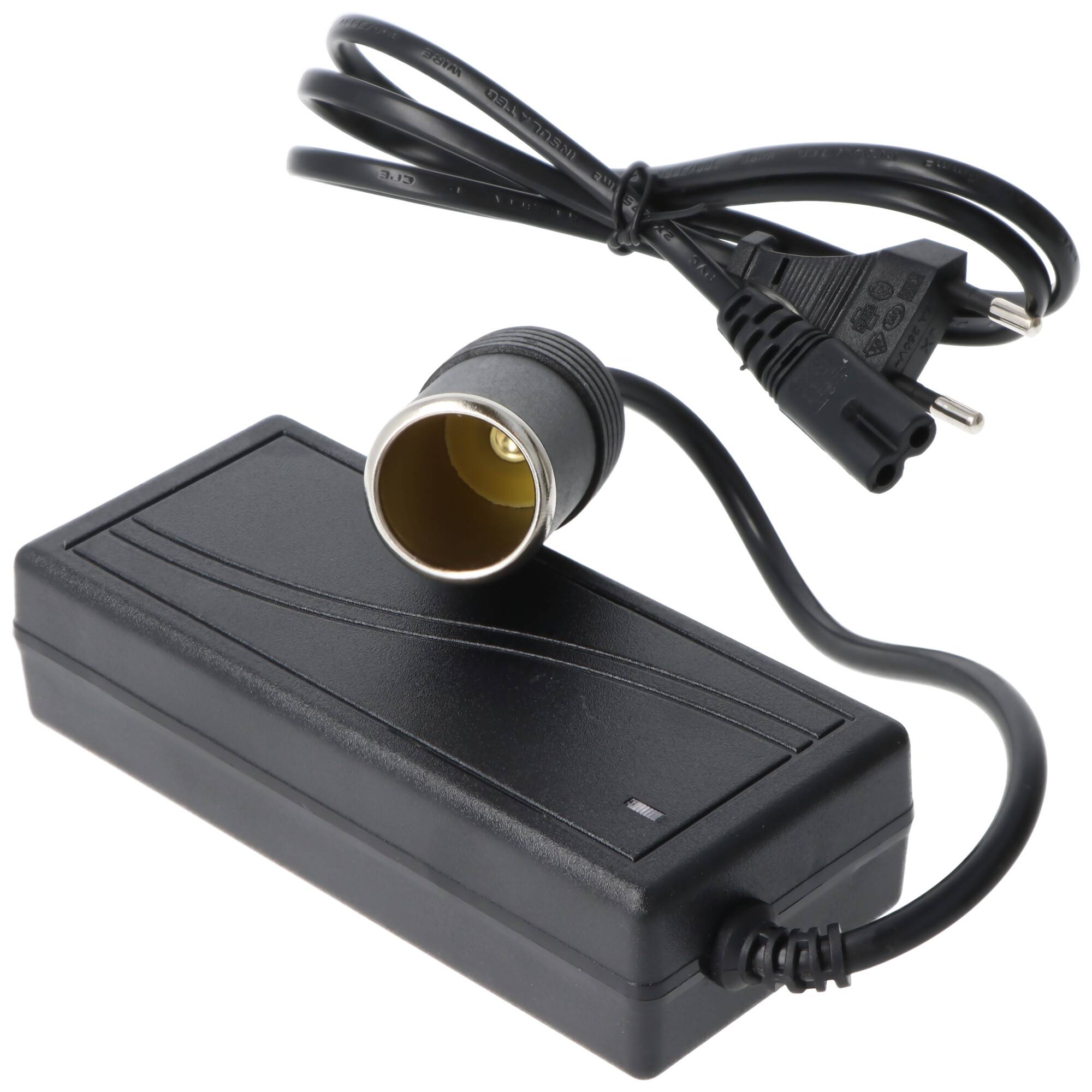 Ein schwarzer Stromadapter mit einem zweipoligen Stecker und einer zylindrischen Buchse am Ende des Kabels, der zum Anschließen von elektrischen Geräten verwendet wird.