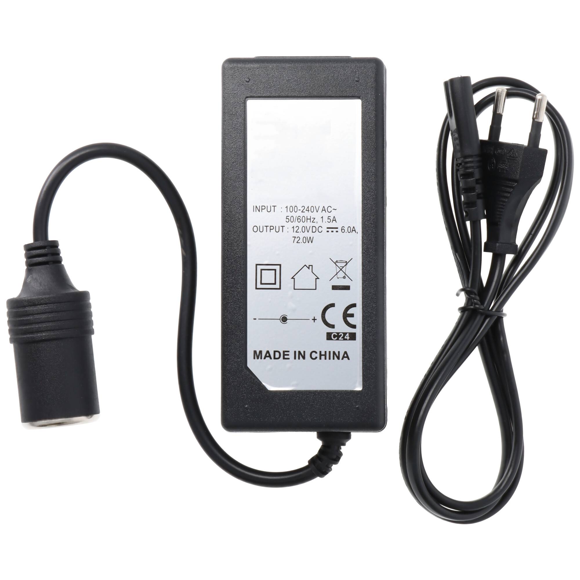 Netzteil mit europäischem Stecker, Ausgang 12,0V DC, 6,0A, 72,0W, Etikett enthält CE- und RoHS-Symbole, hergestellt in China.