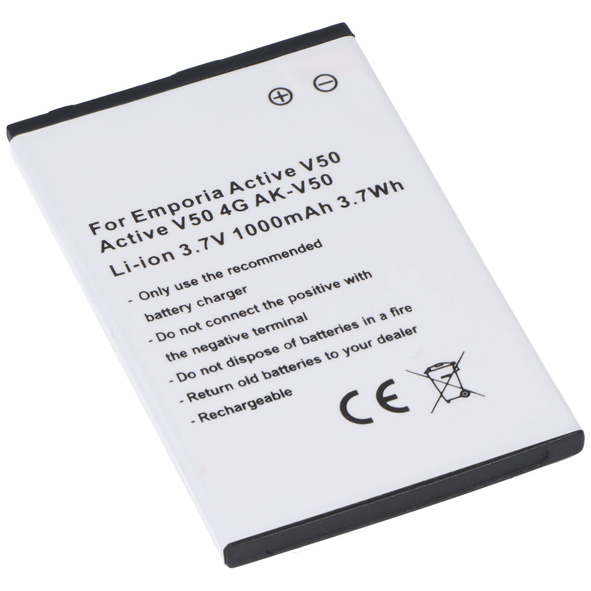 Ein wiederaufladbarer Li-Ionen-Akku für Emporia Active V50 mit einer Kapazität von 1000mAh, mit Warnungen zur ordnungsgemäßen Verwendung und Entsorgung.