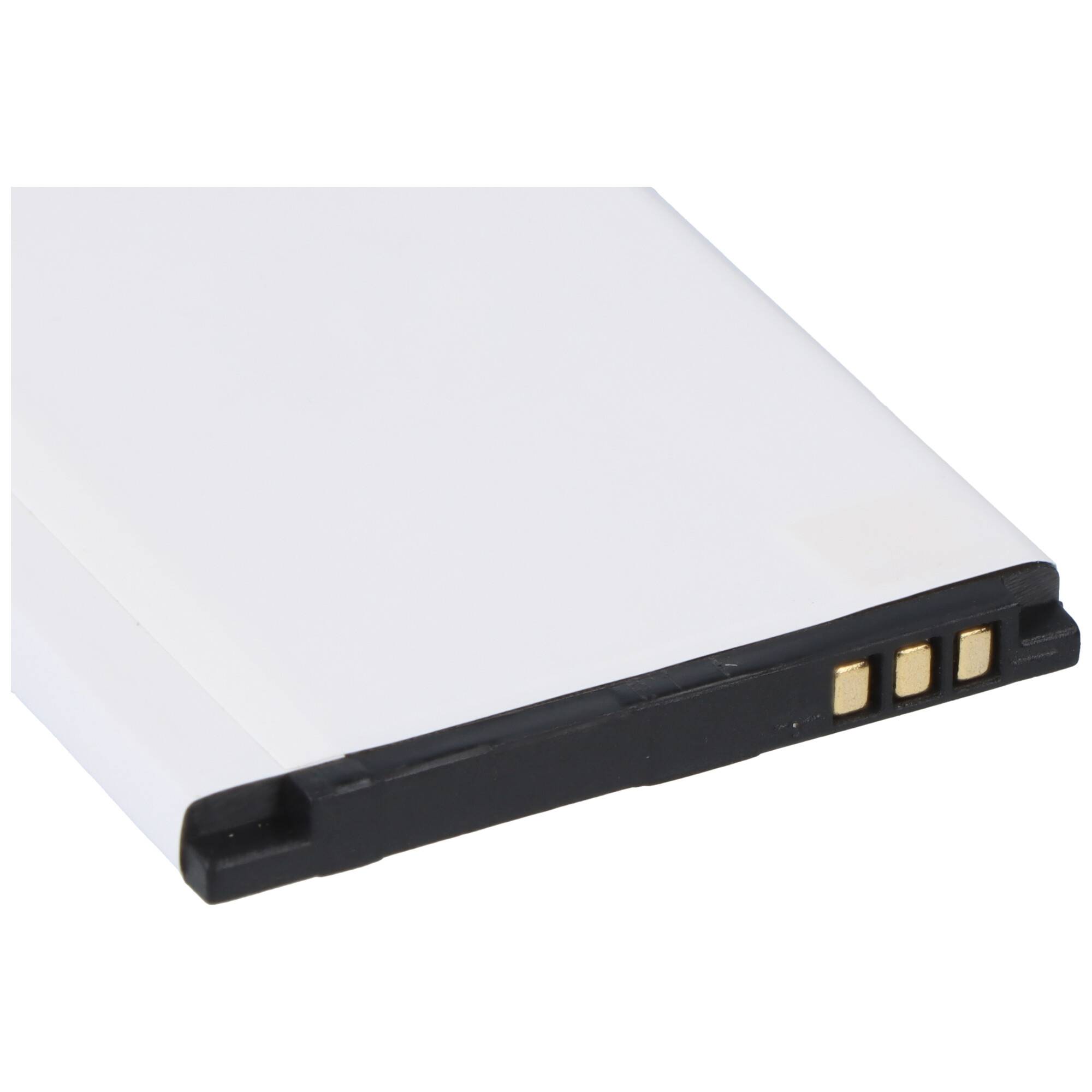 Ein Smartphone-Akku mit drei Metallkontakten an einer Kante, teilweise sichtbar, vor einem weißen Hintergrund.