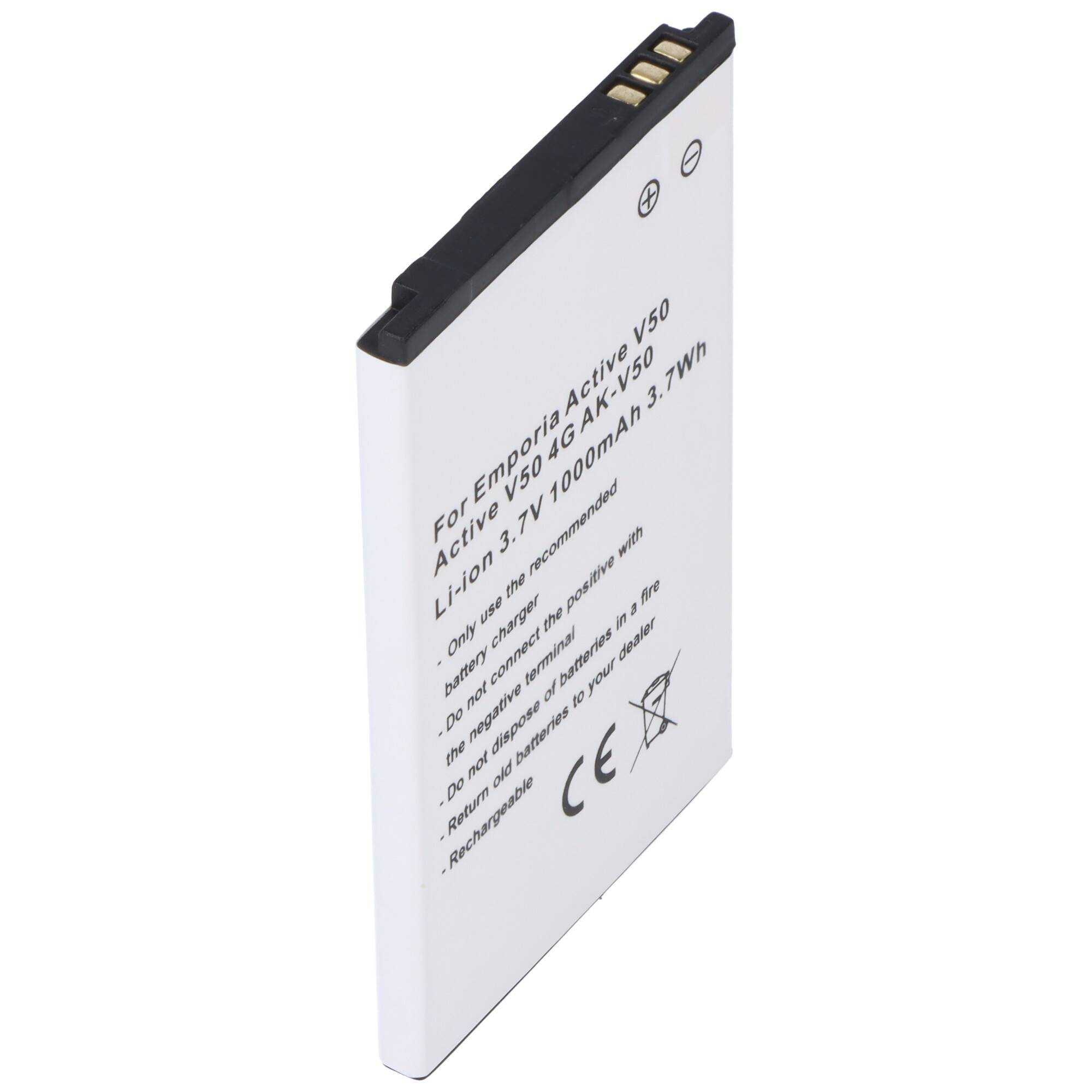 Lithium-Ionen-Akku mit Kennzeichnung für Emporia Active V50, 3,7 V, 1000 mAh, 3,7 Wh; mit aufgedruckten Ladeanweisungen und Sicherheitswarnungen.