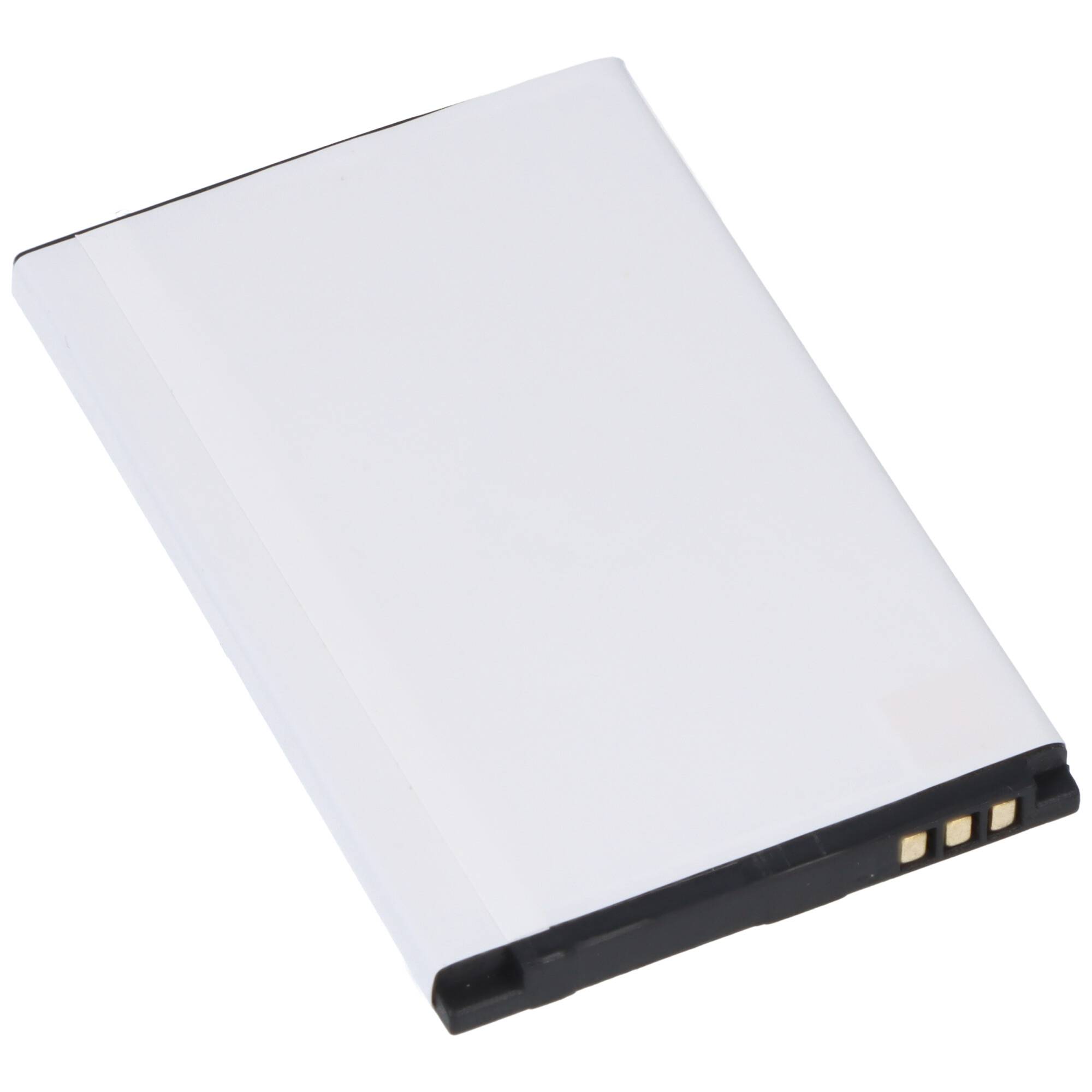 Rechteckige Smartphone-Batterie mit drei goldenen Anschlüssen auf einer Seite, weißes Gehäuse.