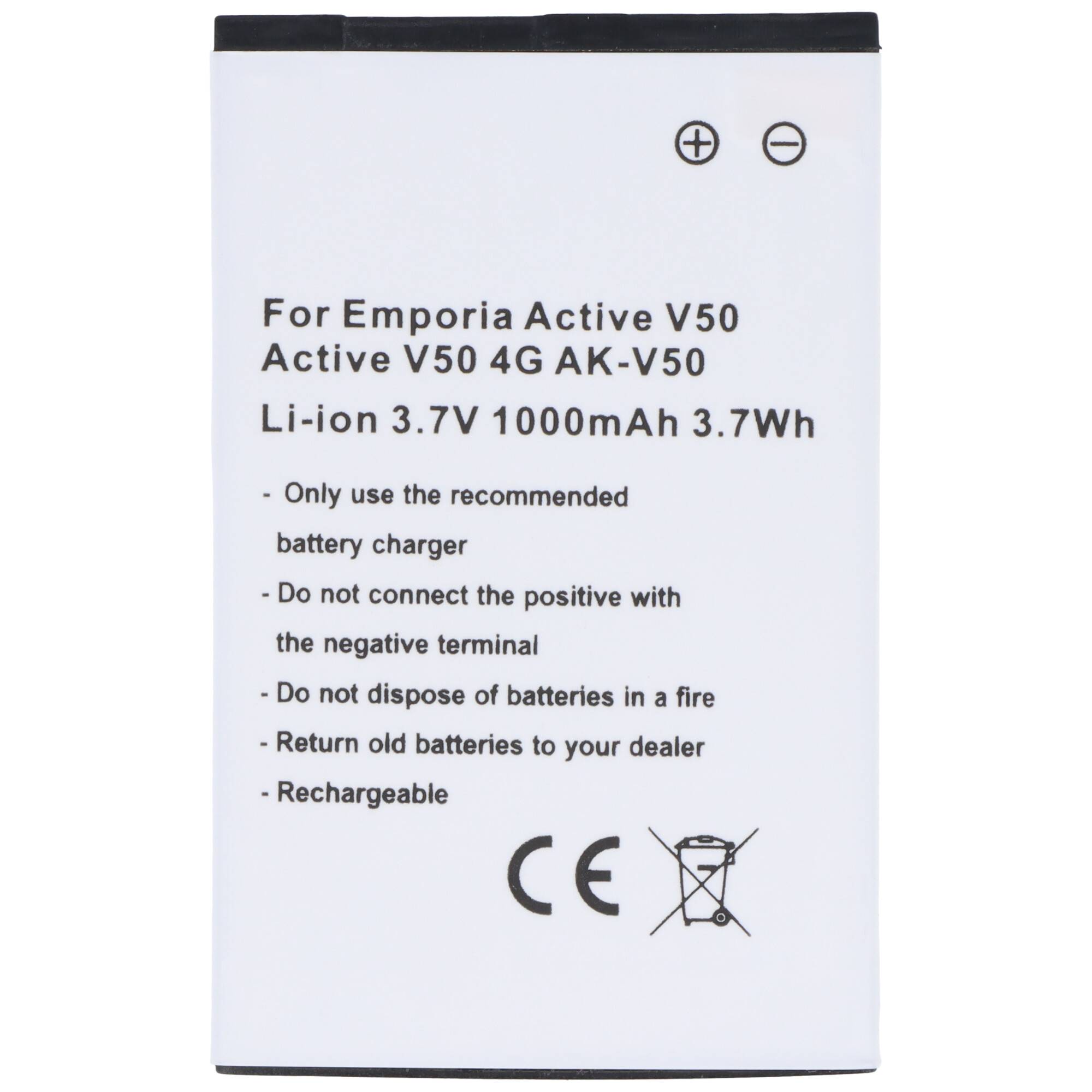 Emporia Active V50 Akku, 1000mAh, 3,7V. Anleitung: Verwenden Sie das empfohlene Ladegerät, verbinden Sie nicht den positiven mit dem negativen Pol, entsorgen Sie es ordnungsgemäß.