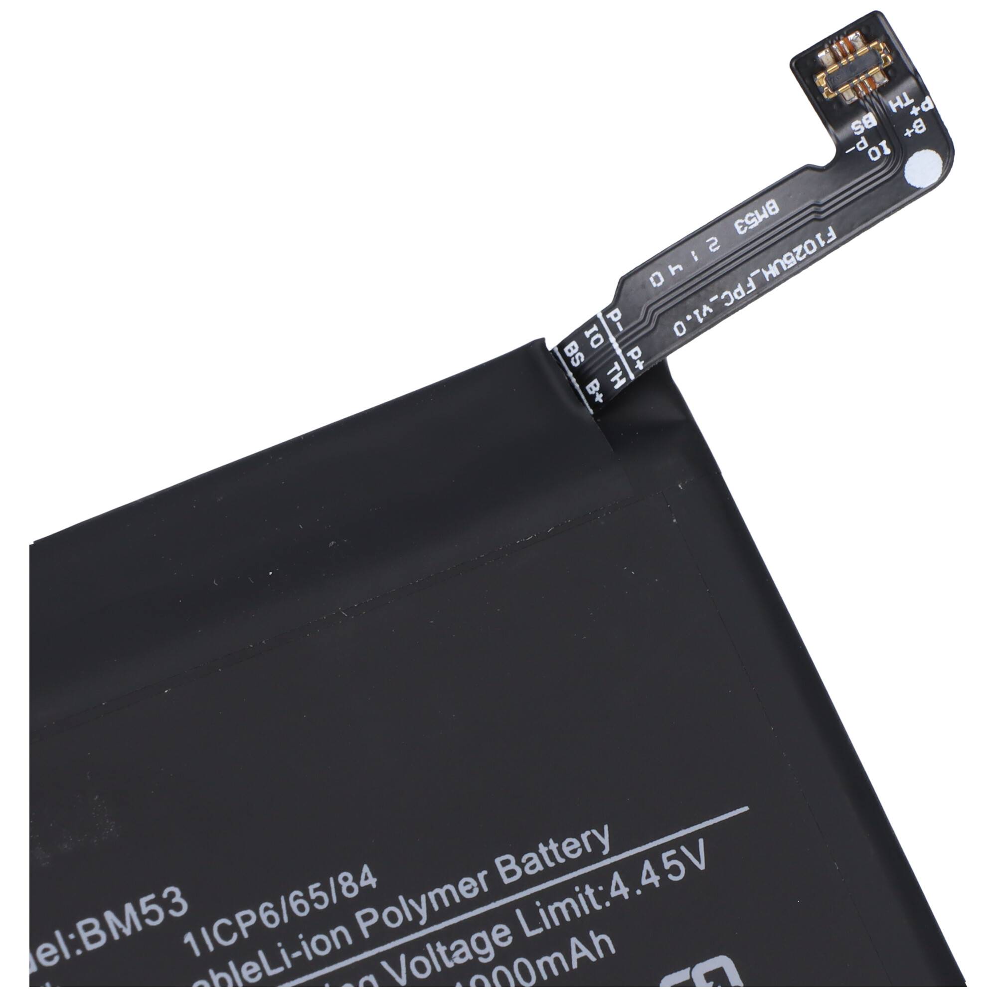 Nahaufnahme einer schwarzen Li-Ionen-Polymer-Batterie mit der Bezeichnung „Modell: BM53