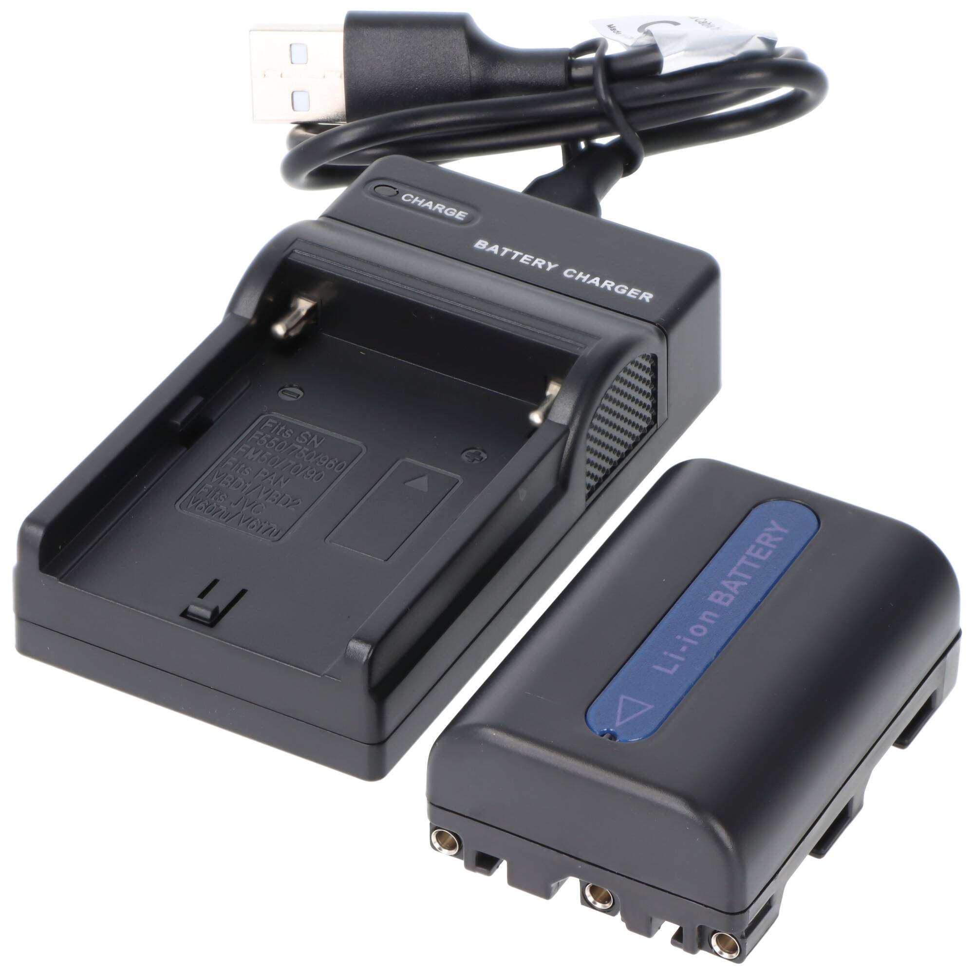 Batterieladegerät mit Steckplatz für einen Lithium-Ionen-Akku daneben; beinhaltet ein USB-Kabel zum Laden.