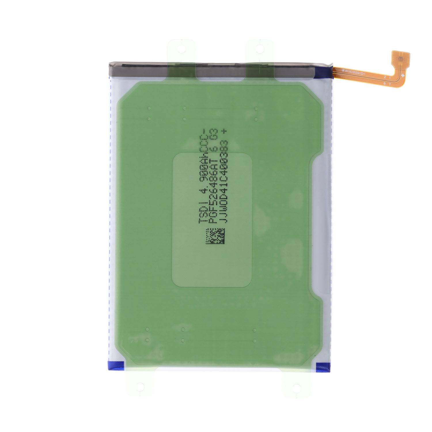 Eine grüne rechteckige elektronische Komponente mit Anschlüssen in der oberen rechten Ecke, möglicherweise ein Smartphone- oder Tablet-Batterieteil.