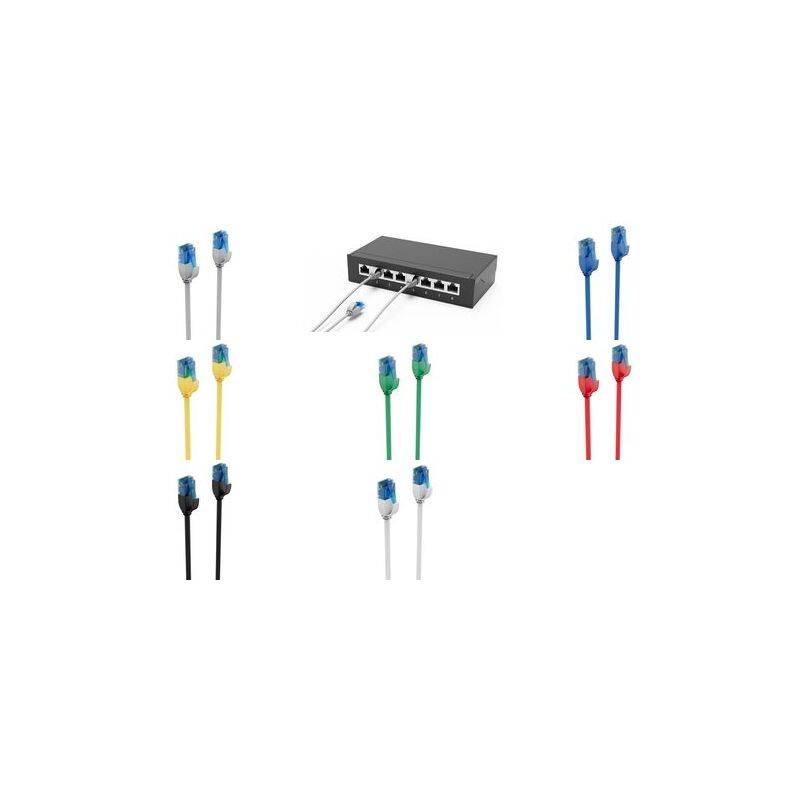 Netzwerkschalter mit mehreren Ethernet-Kabeln in verschiedenen Farben, die mit Anschlüssen verbunden sind und die Vielfalt in der Netzwerkverkabelung veranschaulichen.