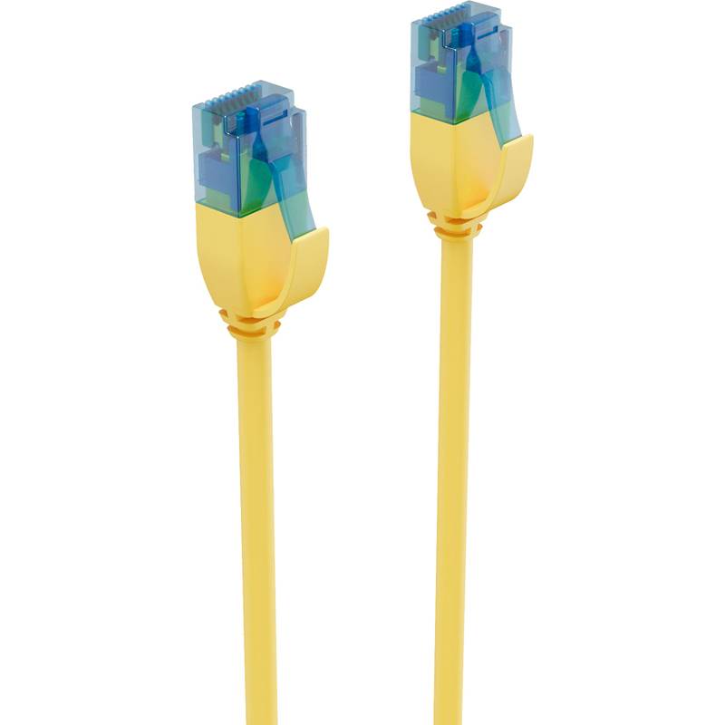 Zwei gelbe Ethernet-Kabel mit blauen Steckern stehen vertikal vor einem weißen Hintergrund.