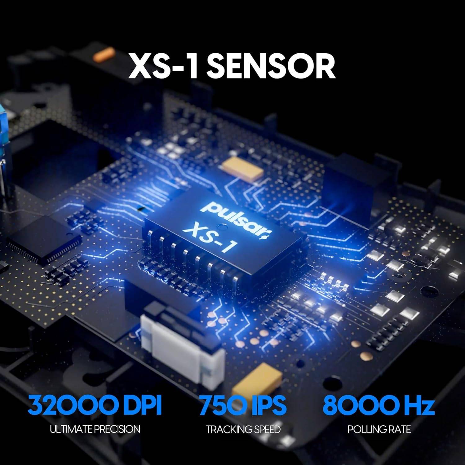 XS-1 Sensor auf Leiterplatte mit blauer Beleuchtung, wobei die Funktionen hervorgehoben werden: 32000 DPI für Präzision, 750 IPS für Verfolgungsgeschwindigkeit und 8000 Hz Abfragerate.