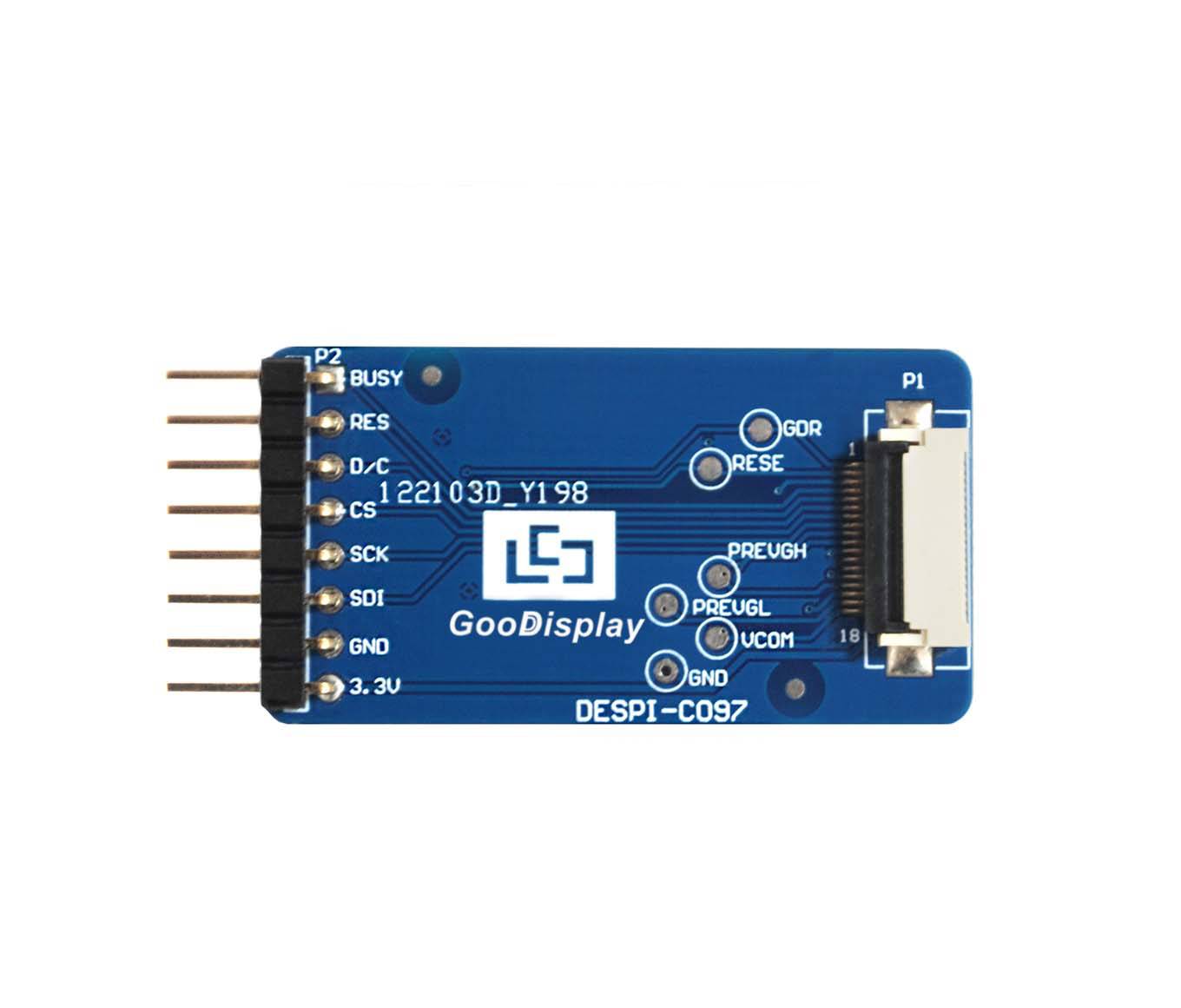 Ein blaues elektronisches Modul mit der Bezeichnung DESPI-C097 mit mehreren Stiften und Anschlüssen, das zur Integration elektronischer Anzeigen verwendet wird.