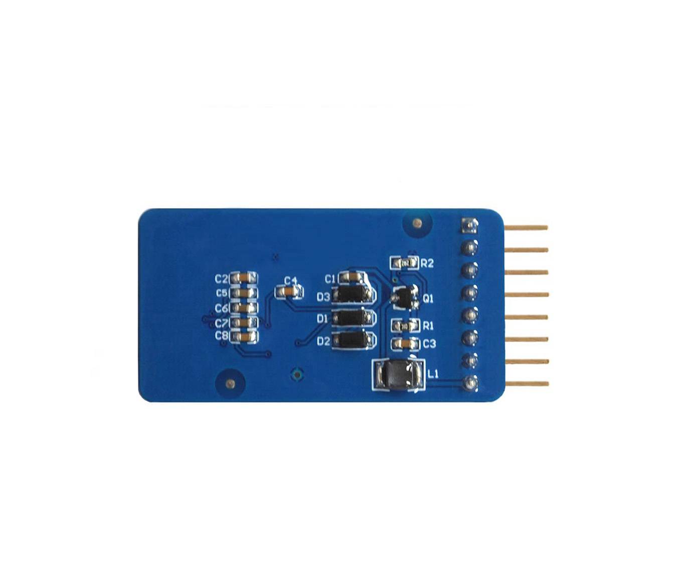 Eine blaue elektronische Leiterplatte mit mehreren Kondensatoren, Widerständen und Stiften an einem Ende, typischerweise für elektronische Projekte verwendet.