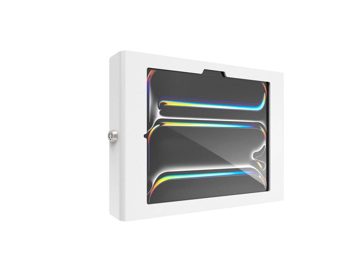 Weiße wandmontierte Elektroschalttafel mit transparenter Frontseite, die regenbogenfarbige interne Lichtreflexionen zeigt.
