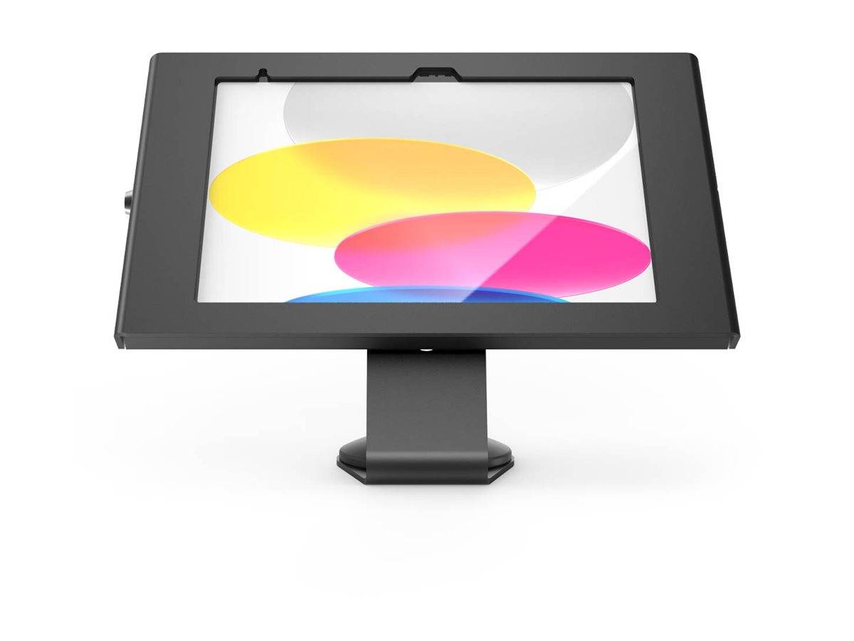 Ein digitales Display auf einem Ständer zeigt sich überlappende gelbe, rosa und blaue Kreise auf weißem Hintergrund.