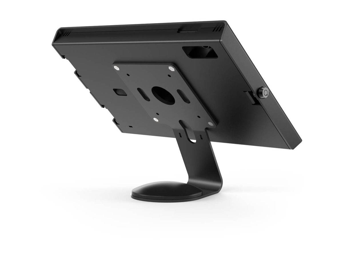 Ein schwarzer elektronischer Geräteständer mit einer runden Basis und einer flachen Montagefläche für Bildschirme oder Monitore, aus einem Winkel betrachtet.