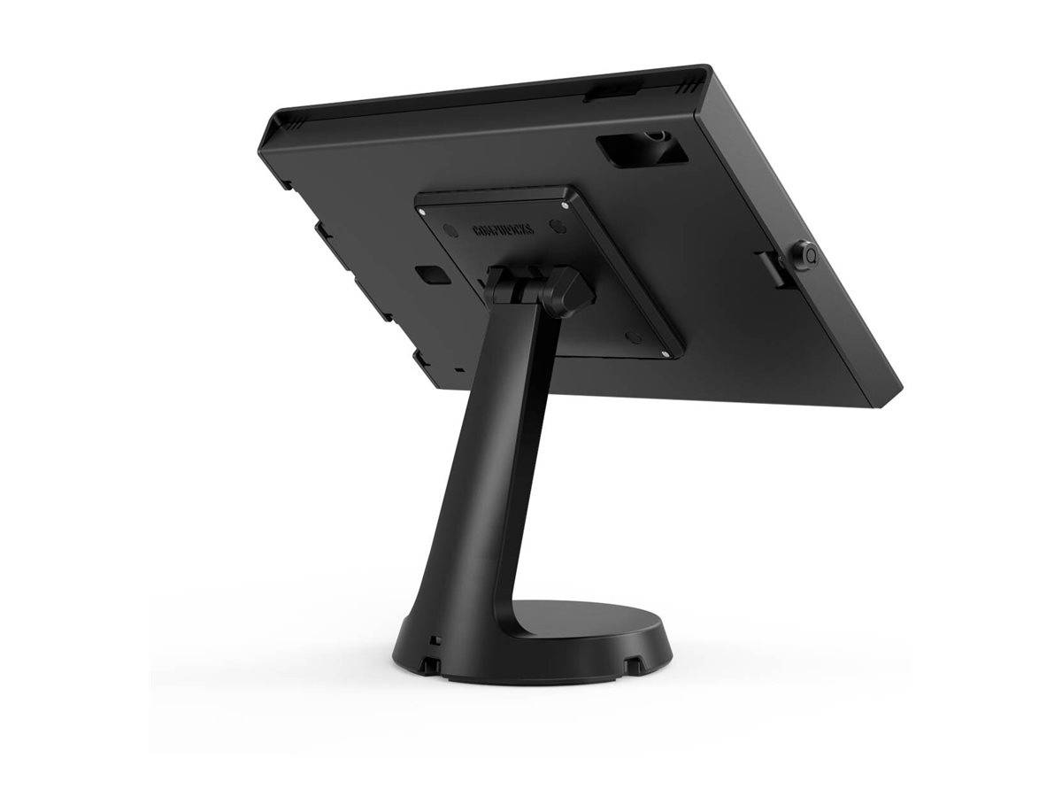 Ein schwarzer Monitorständer, der einen Flachbildschirm in einer geneigten Position trägt, von hinten betrachtet.